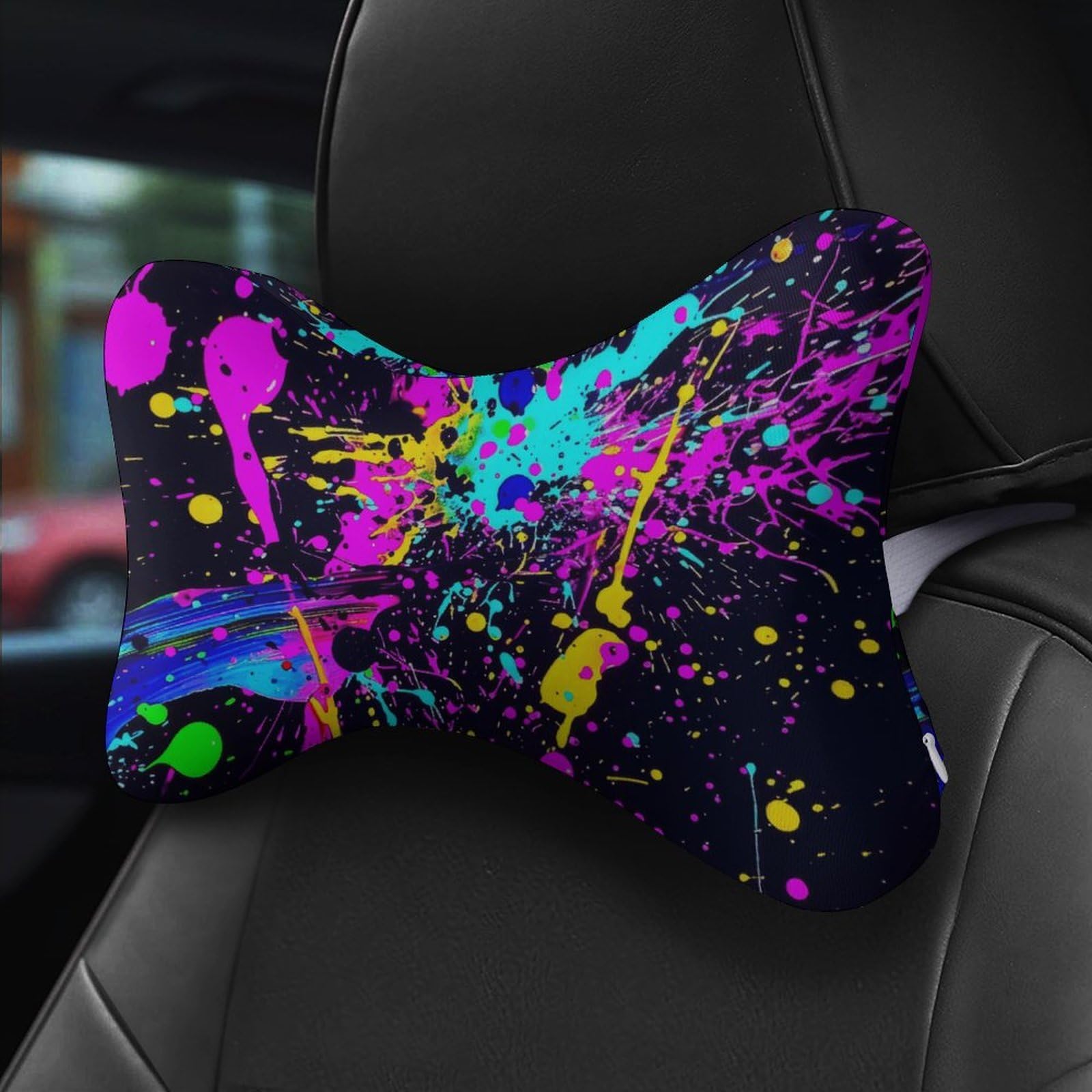 SMAZDFXX Neon Splatter Ink Car Neck Pillow Set of 2 Car Seat Head Support Cushion Bone Pillows with Elastic Strap