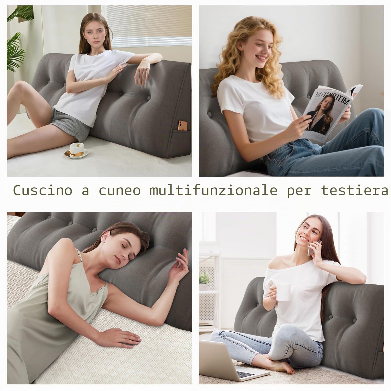 ShowyLive Cuscino Schienale Letto, Cuscino da Lettura per Letto Divano, Cuscino per la Schiena e la Testa con Tasca Laterale, Rivestimento Sfoderabile e Lavabile (100 * 50 * 20 cm, Grigio Scuro)