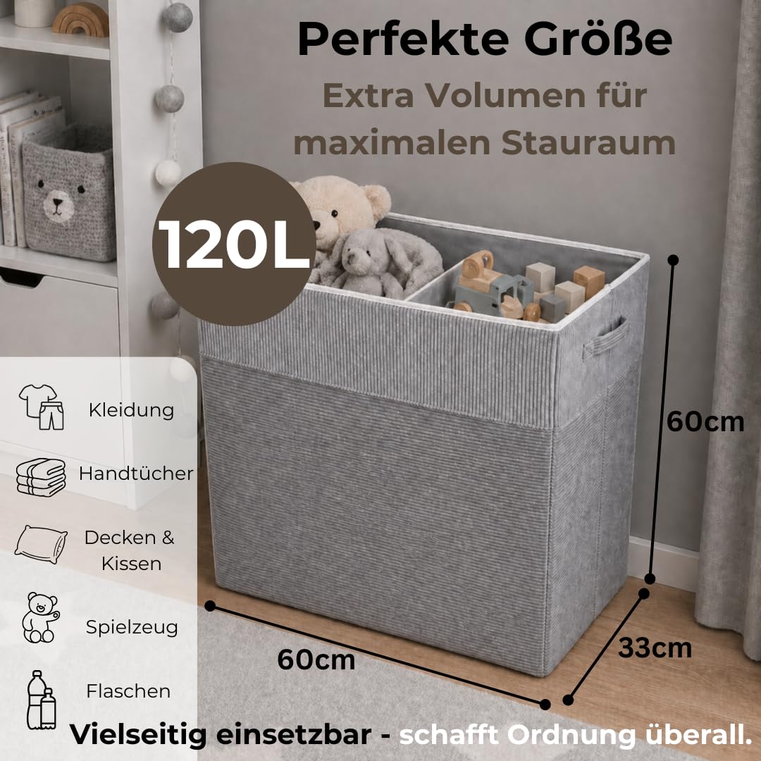 TALIDA Wäschekorb Cord – mit abnehmbaren Deckel | platzsparend & praktisch | faltbarer Wäschesammler | Pfandflaschen Sammelbehälter | Schlafzimmer, Kinderzimmer & Badezimmer (Hellgrau, 120L)