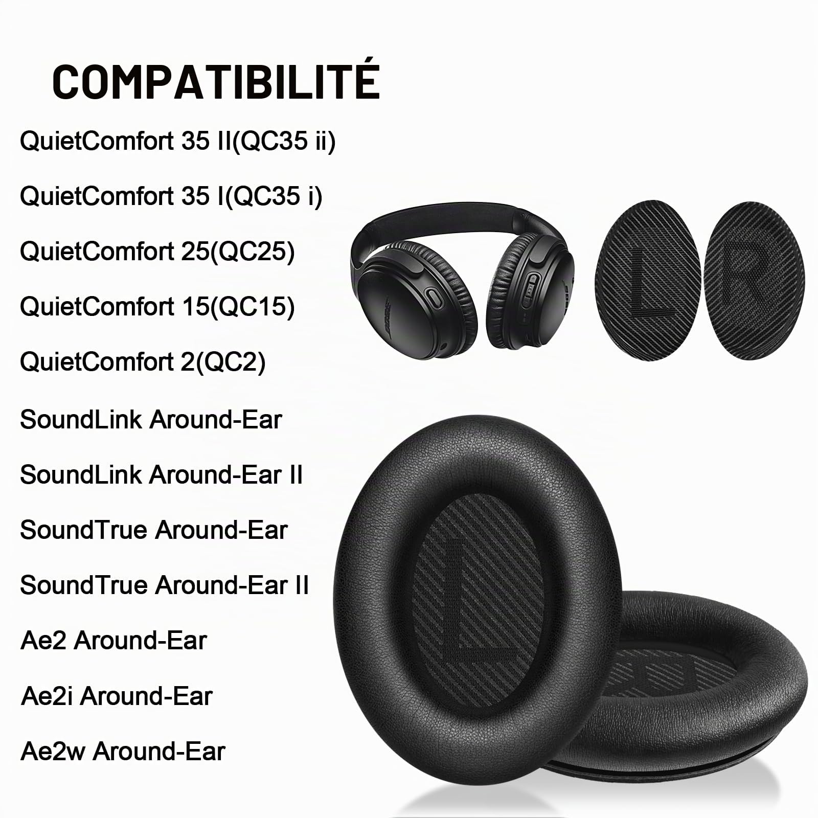 AK Coussinets pour Bose QuietComfort 35 QC 35 II, Remplacement Cuir Souple Mousse Acoustique QC35II/35/15 QC2/AE2