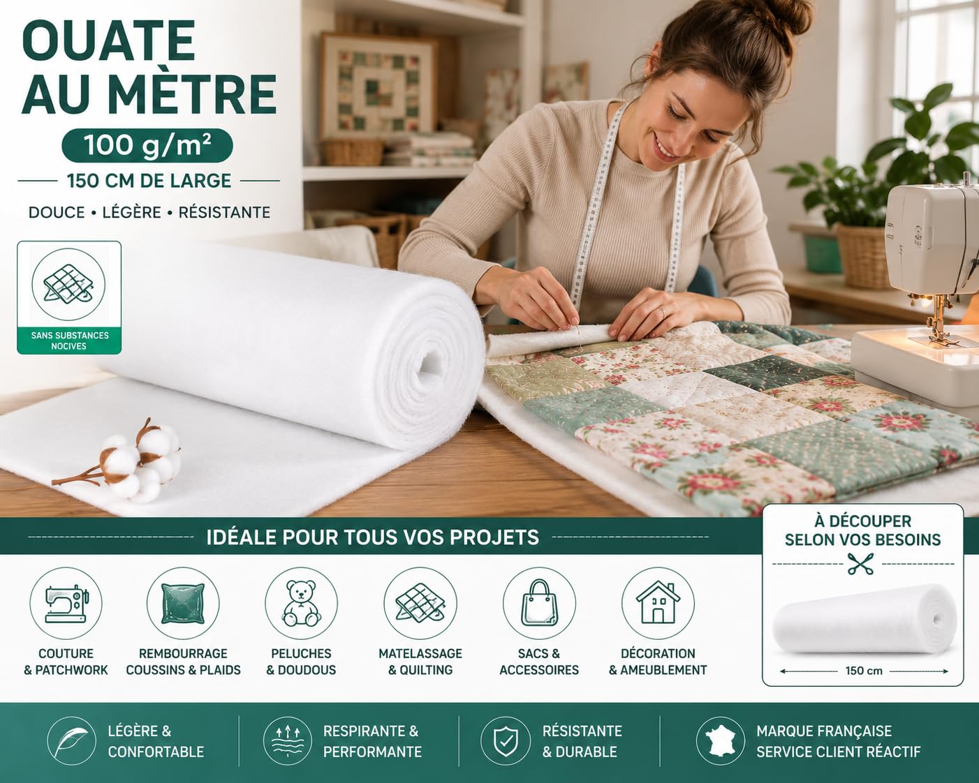Ouate au Mètre 100 g/m² - Largeur 150 cm - Molleton 100% Polyester - Rembourrage Couture, Patchwork, Matelassage, Ameublement - Longueurs de 1 à 10 m (1000, Centimètres)