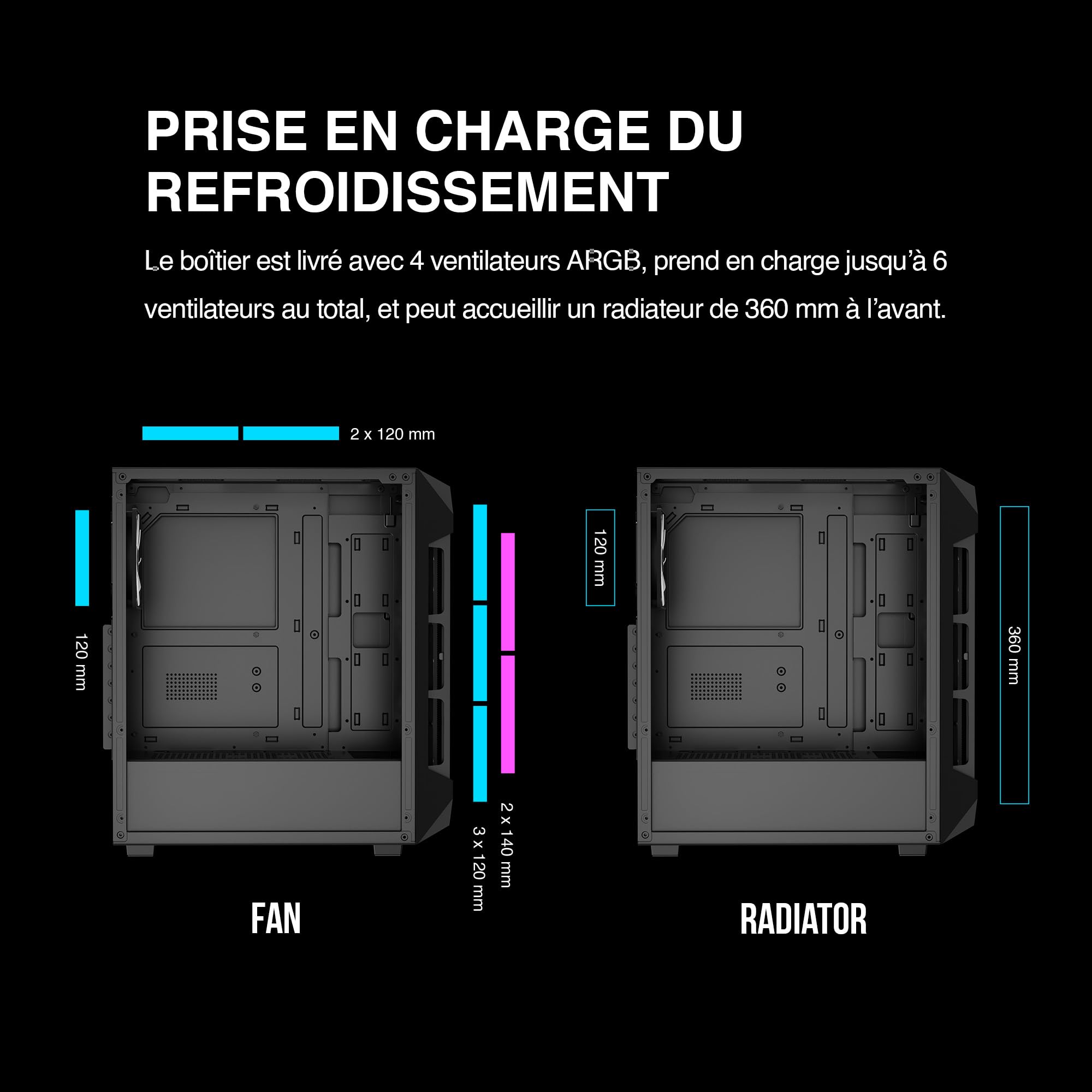 GAMDIAS Aura GC1 Elite ARGB ATX Boîtier PC Mid Tower Ventilateur 4 x 120 ARGB Panneau Avant en Maille Haute Circulation d'air Panneau latéral en Verre trempé Installation sans Outils Noir