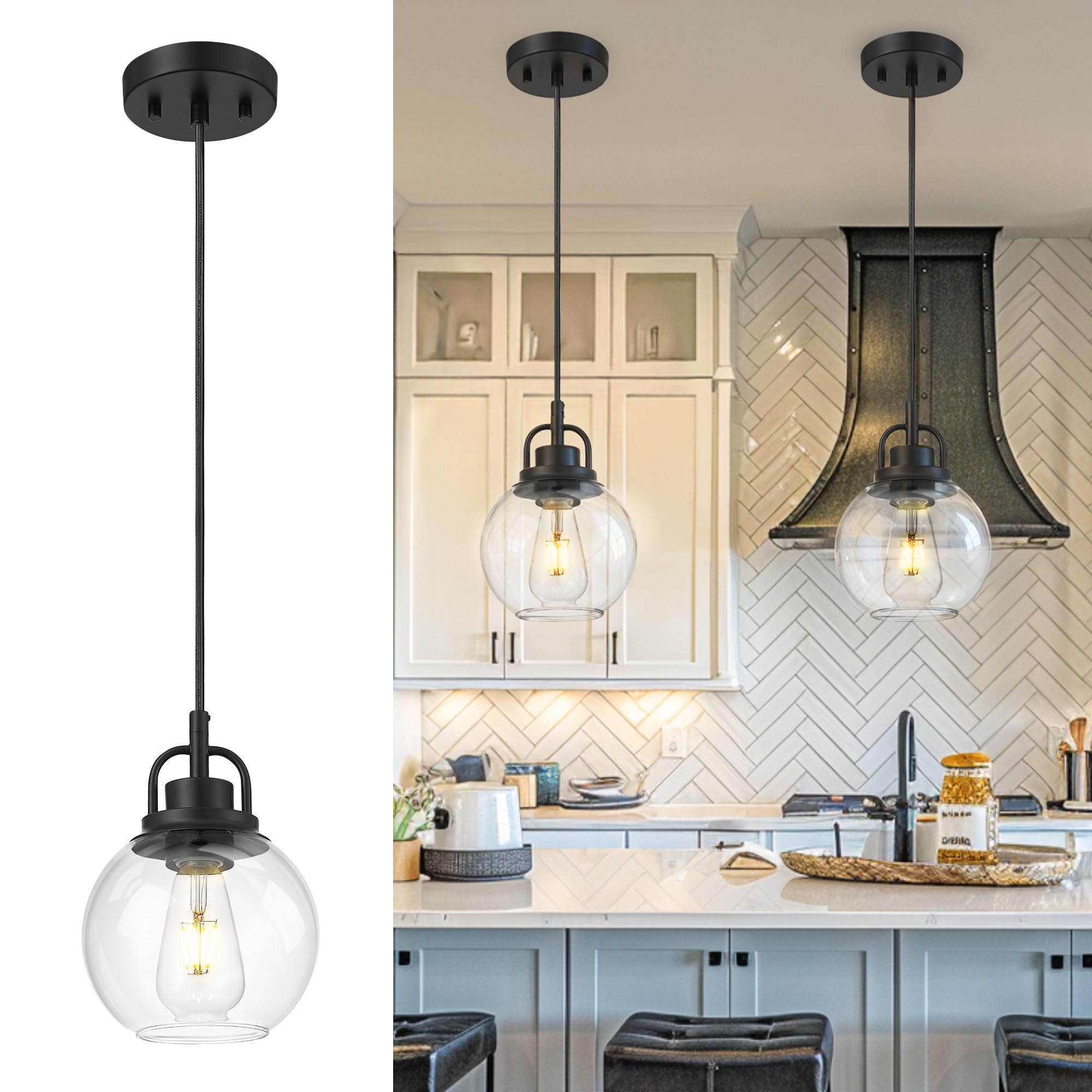 METWET Pendant Lights Kitchen Island, 7" Matte Black Pendant Light Fixtures Over Island with Globe Clear Glass Shade, Farmhouse Hanging Lights for