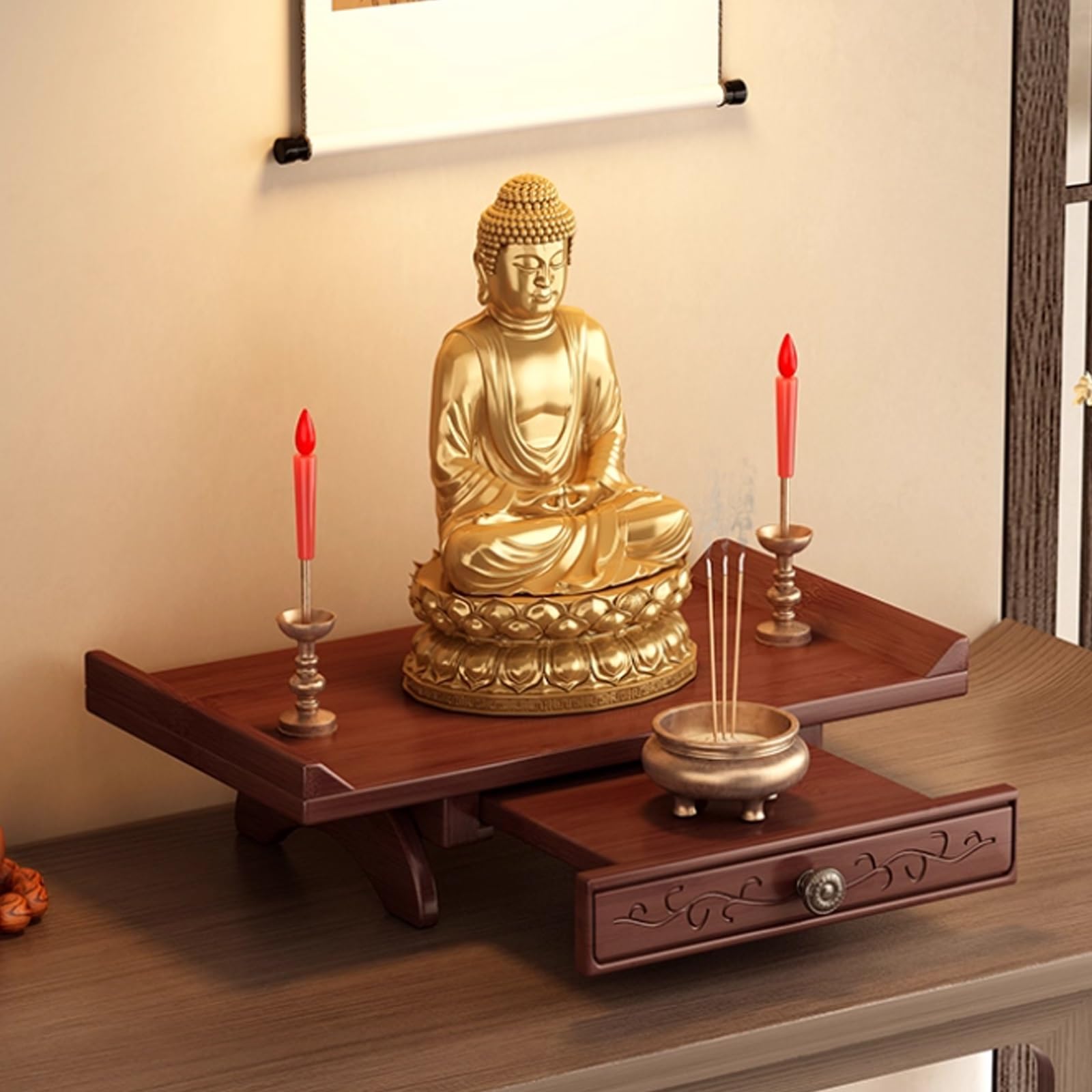 NHPJFDC Wall Mounted Buddha Niche Buddha Altar,Household Solid Wood Wall Cabinet Buddha Cabinet Niche with Drawer,Meditation Altar Table,Wall Mounted Offering Tables,Wooden Buddhist Altars