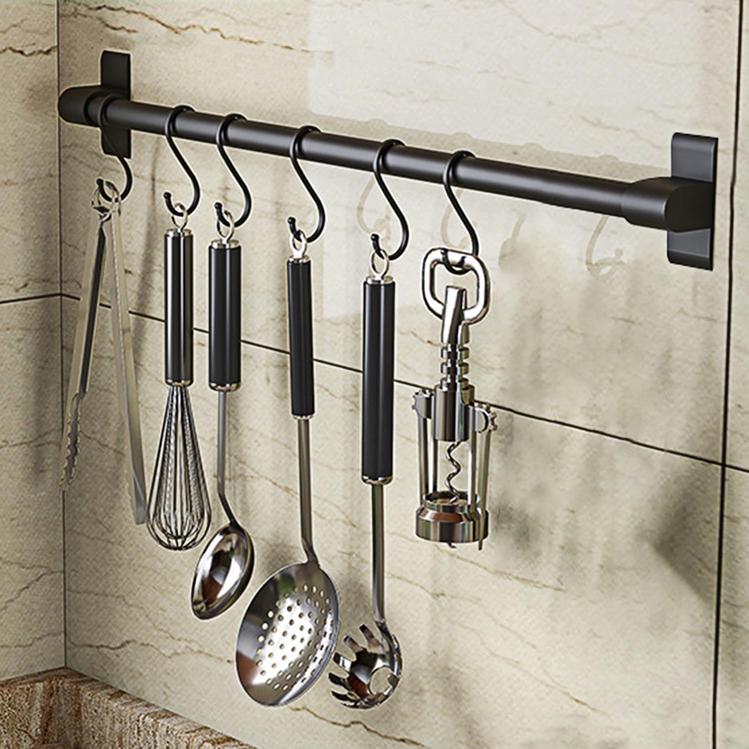 Hanging Pot Rack Hanger - 15.7in Kitchenware Spatula 6 Row Hook Wall Mounted Kitchen Organizer for Kitchen Wall Kitchen Rail with Hooks（Black）