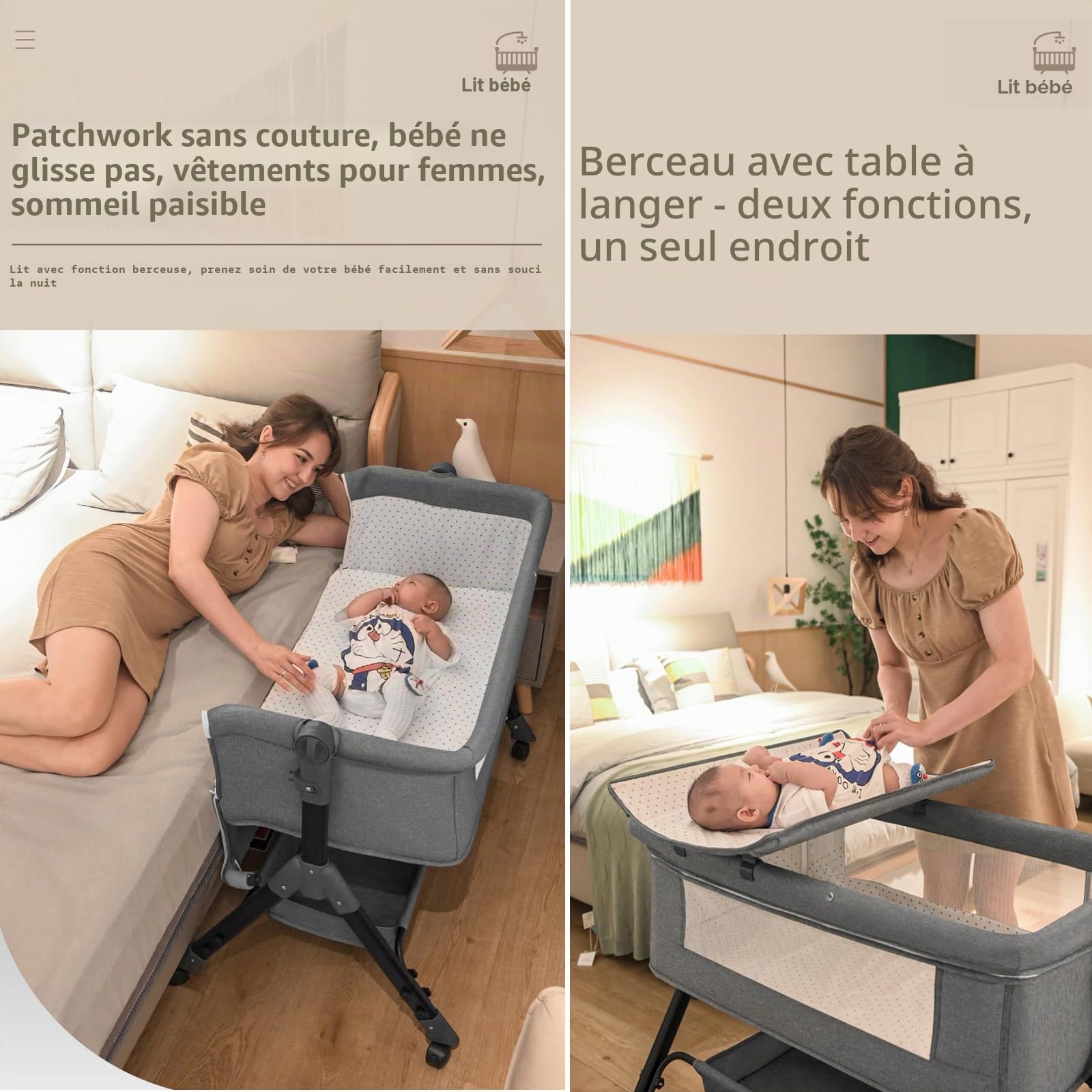 Lit Cododo Bebe avec Musique, Berceau bébé Pliable et Convertible, Lit Nouveau-Né Réglable avec Matelas et roulettes (Gris)
