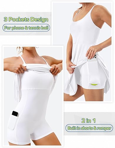 Vista 3 de Ewedoos Vestido de tenis para mujer, vestido atlético con pantalones cortos integrados y brasier con tirantes ajustables, para entrenamiento