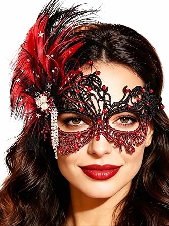 Urieo Feather Masquerade Mask Lace Venetian Mask Rhinestone Cosplay Masks for Women