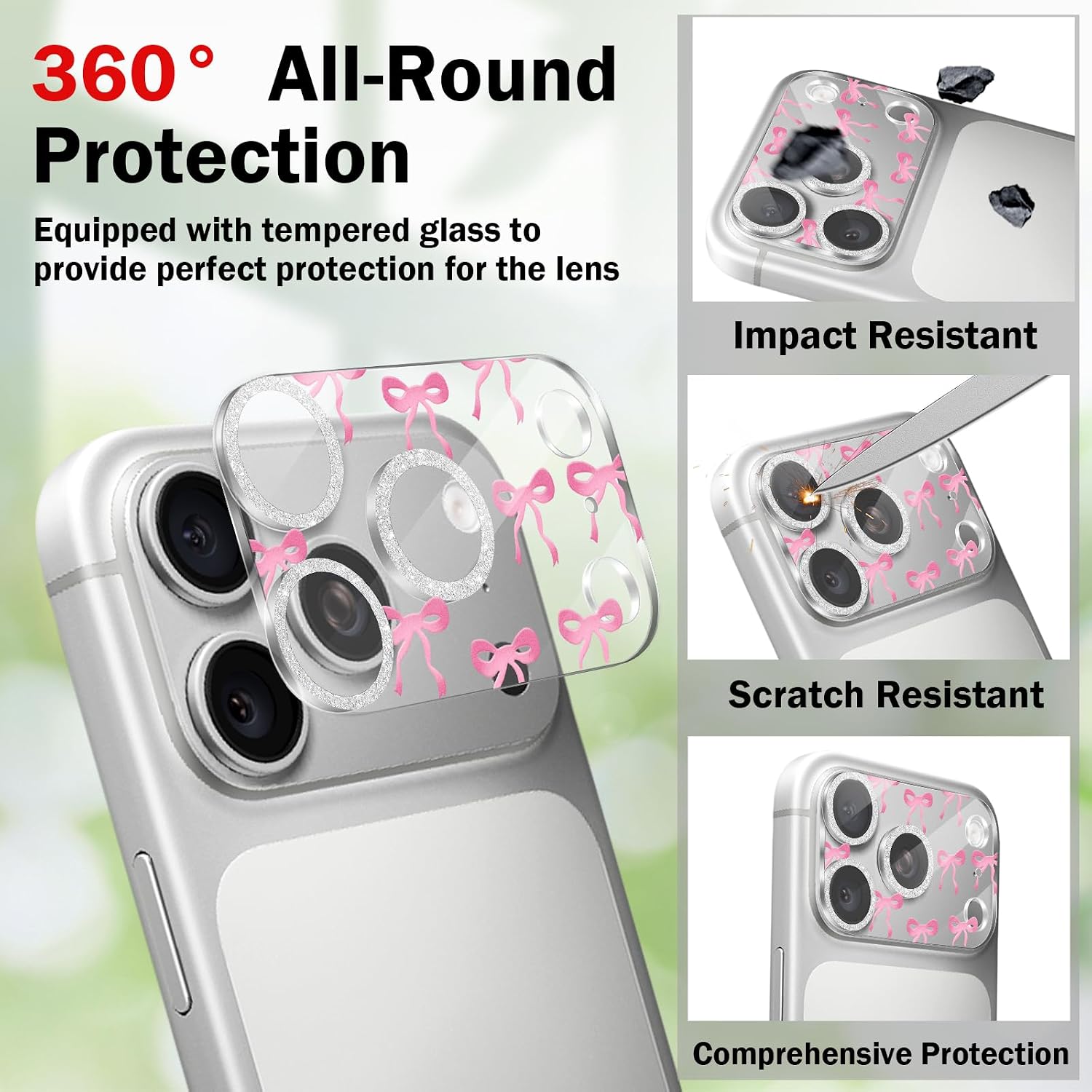 Ribbon Bow Camera Lens Protector for iPhone 17 Pro Max, Cute Bowknot Print Pattern Design with Glitter Ring for Women Girls Tempered Glass Phone Camera Lens Cover for Apple 17 Pro Max-Pink