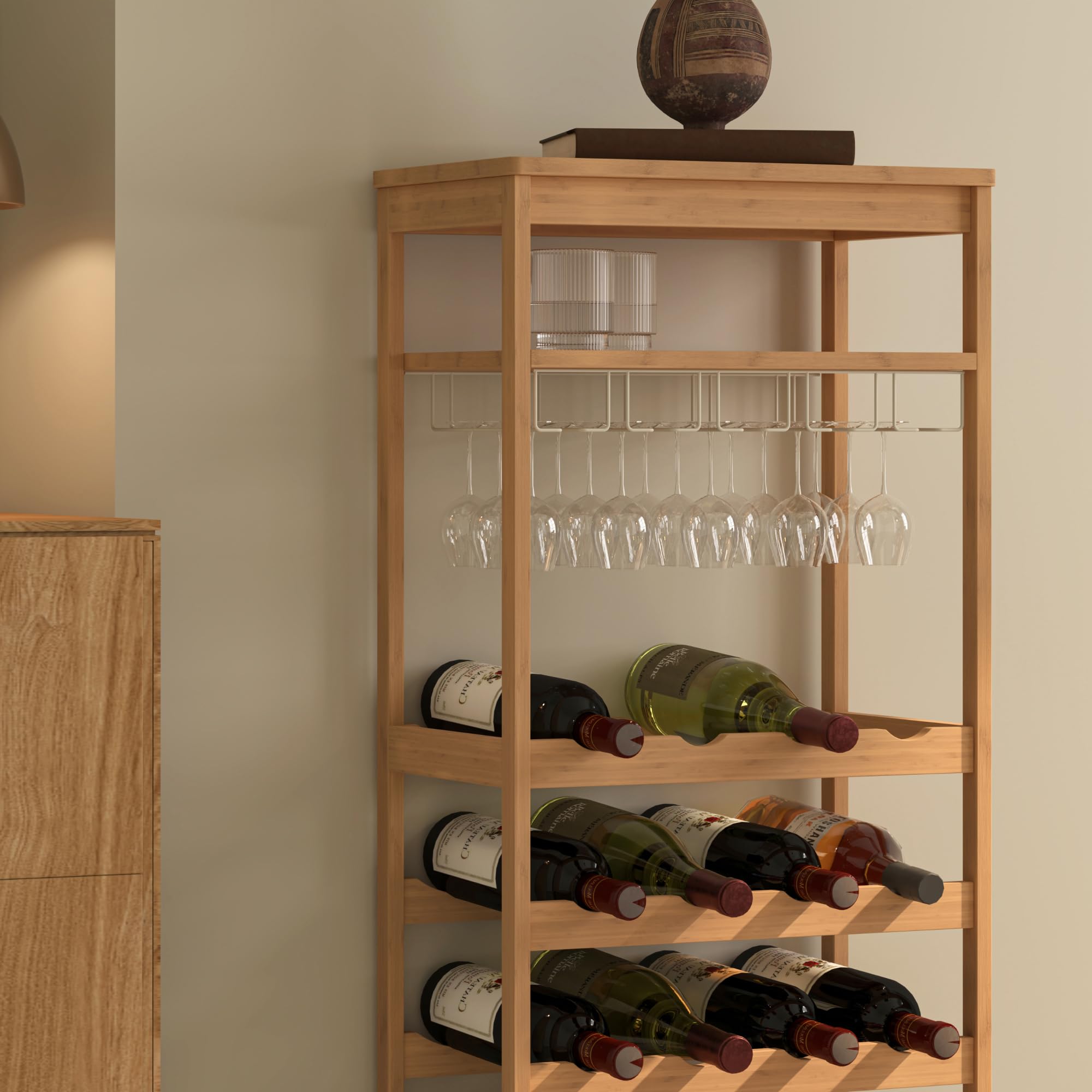 [en.casa] Cantinetta Mobile Portavino per 16 Bottiglie Scaffale Porta Bottiglie da Vino con Portabicchieri e Scomparto Aperto Soggiorno Sala da Pranzo 100 x 47 x 29 cm in Bambù Naturale