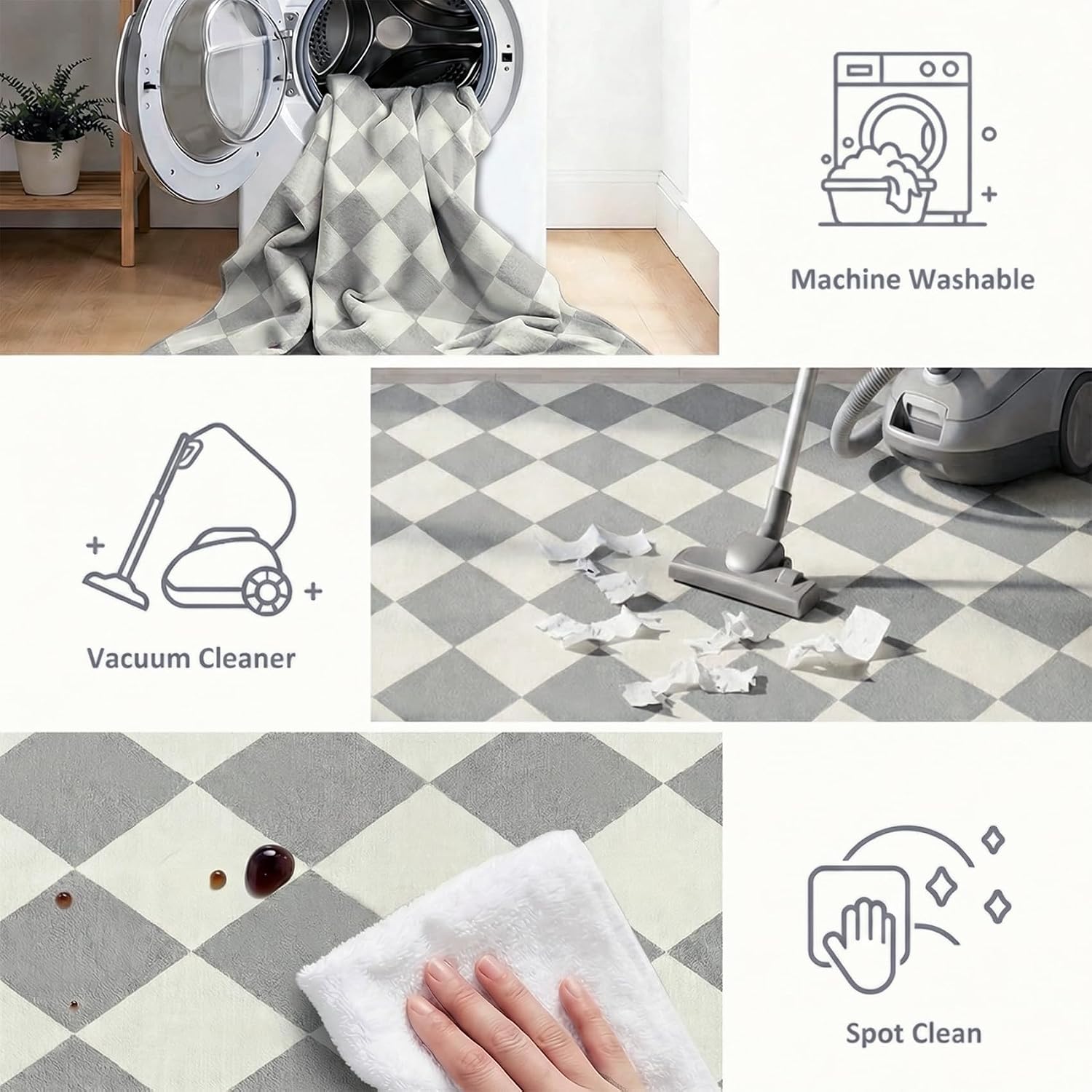 2x8 Checkered Rug Runners for Hallways,Low Pile Non-Slip Diamond Washable Kitchen Runner Rugs, Classic Neutral Gingham Decor Faux Wool Carpet for Bathroom Bedroom Entryway (Grey)