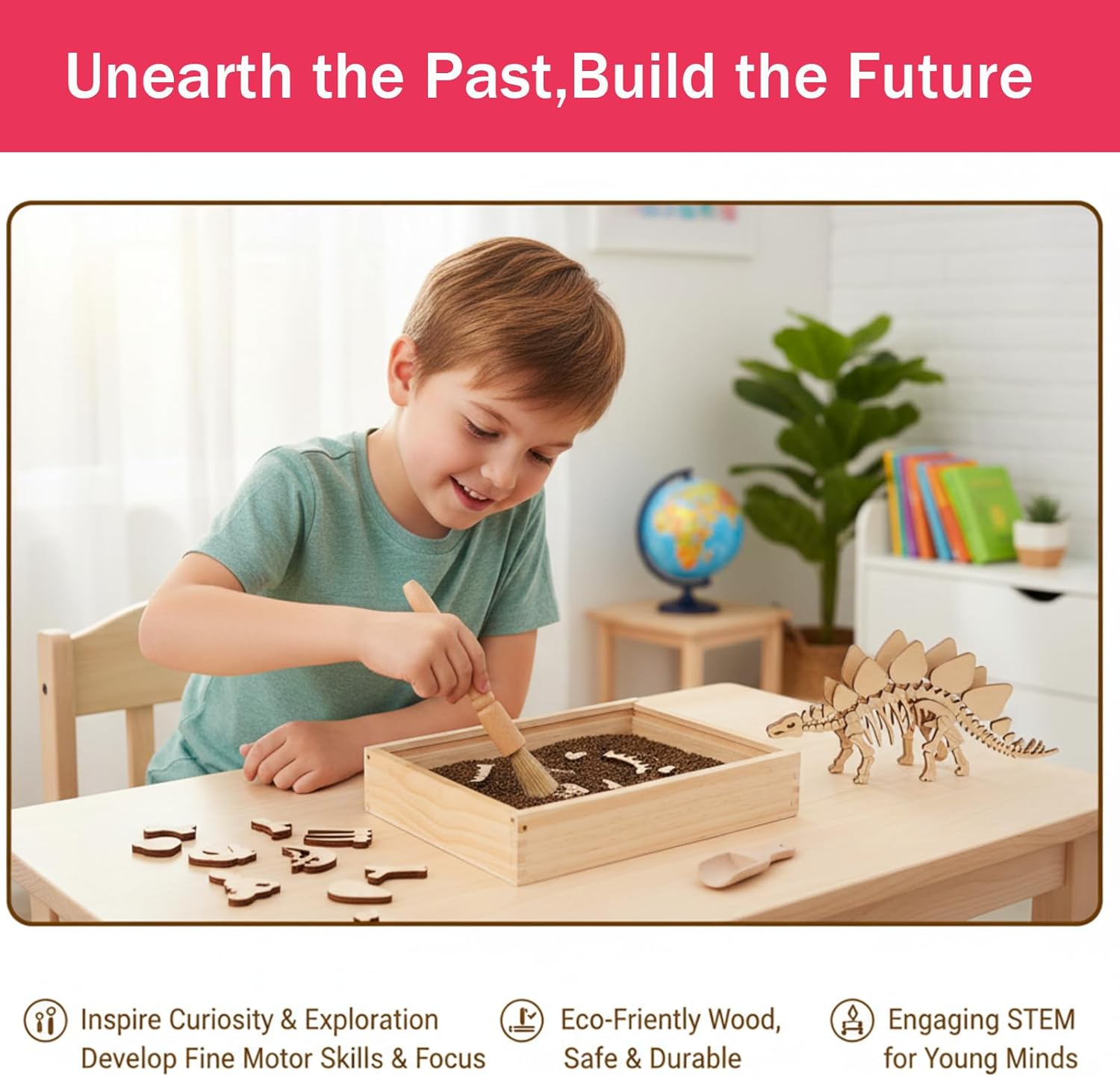 Dino Excavation Archaeology Dig Kit, Fossil Digging Kit for Kids, Dinosaur Skeletons Bones Puzzle Game with Wooden Storage Box, STEM Toys for Boys and Girls (Stegosaurus)