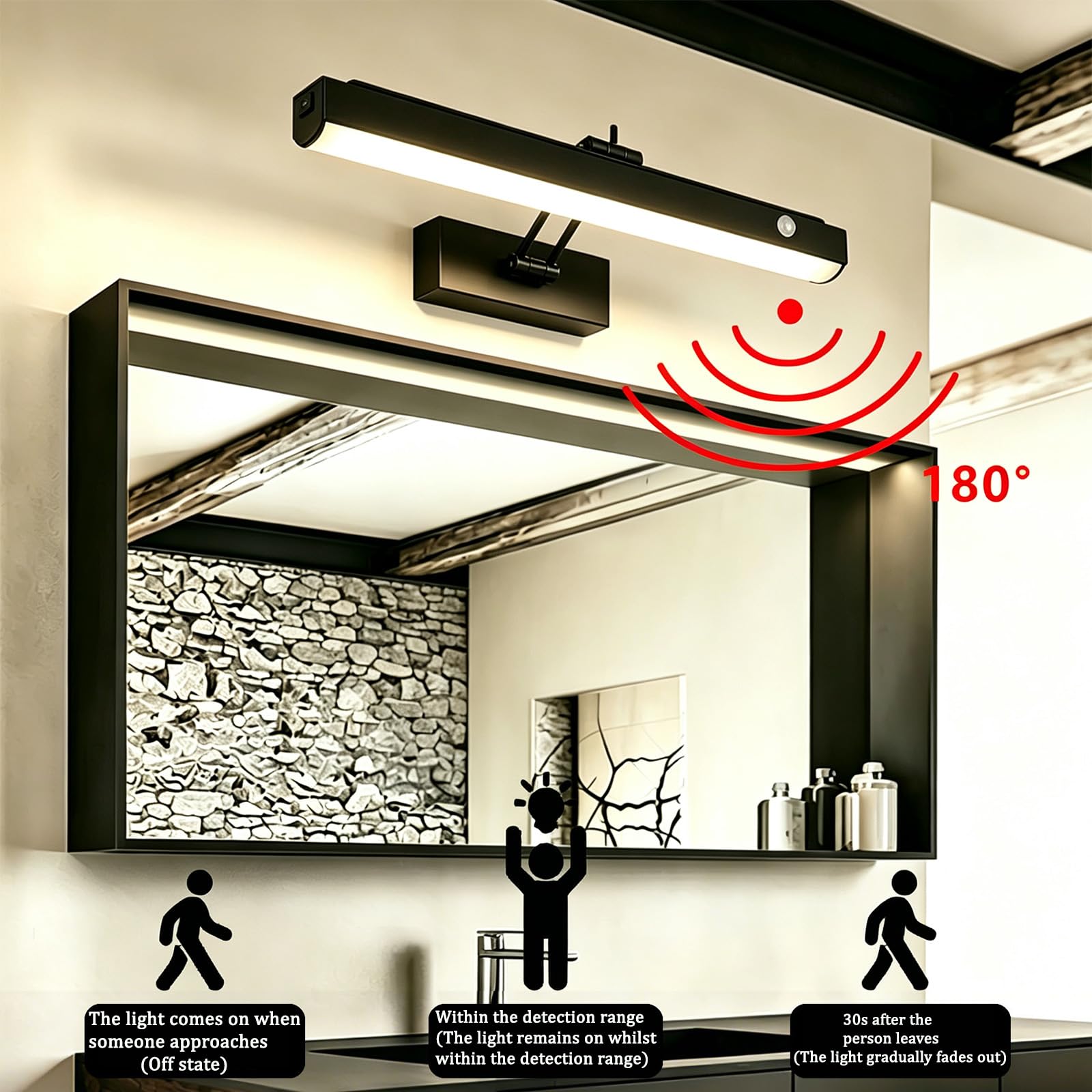 LED Lampada a Specchio Bagno Ricaricabile Applique da Parete con Sensore di Movimento 180° Girevole Iluminazioni per Pareti con Interruttore Soggiorno Camera da Letto (Nero Luce Bianca,30cm)