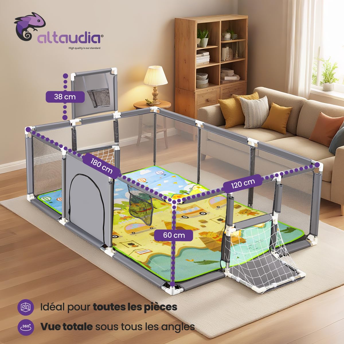 Parc pour bébé + tapis de jeu + ballon de football et basket-ball - Parc pour bébé pliable 180 x 120 x 65 cm - Parc de jeux pour bébé avec maille respirante - Gris