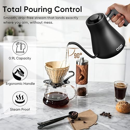 Miniatura 4 de COZII Hervidor eléctrico de cuello de cisne con control de temperatura de ±1°F, calentamiento rápido de 1200W para café de goteo y té, hervidor de