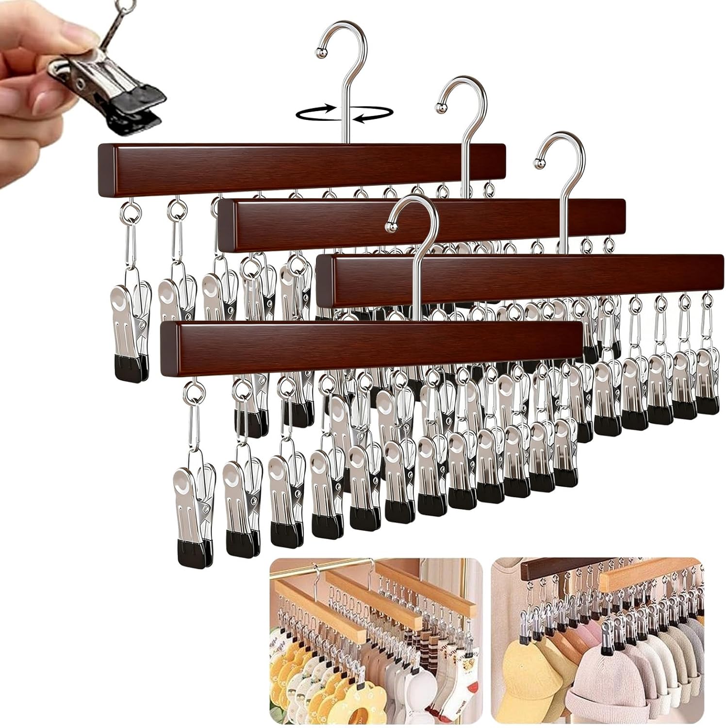 Wooden Hat Hanger for Closet Organizer, 2026 New Closet Organizer with 10 Clips, Wooden Rotating Pants Hanger, Space Saving Hanging Clothes Legging Wardrobe Organizer (12 Clips-Vintage, 4PCS)