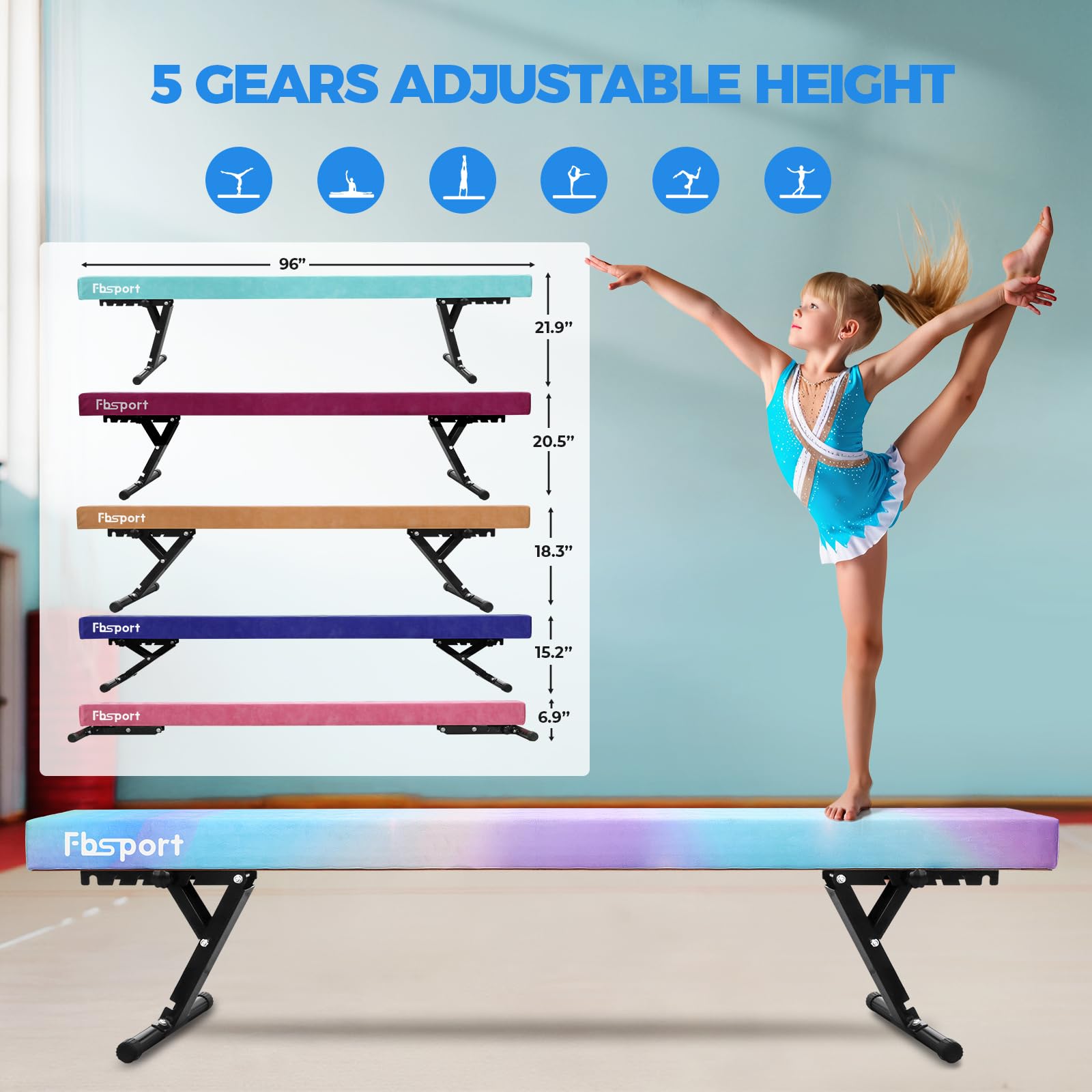FBSPORT Barra de Equilibrio Ajustable de Gimnasia de 244 cm, 5 Alturas Ajustables bajo, Altamente Estable, Equipo de Entrenamiento para práctica de Gimnasio para niños