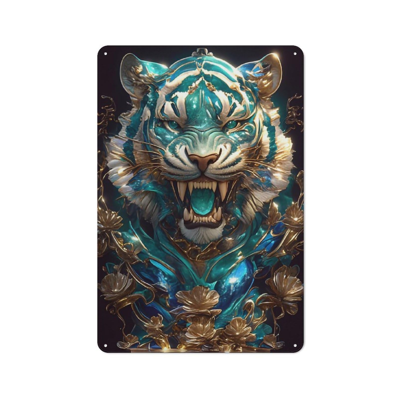 Junmoney Style-6 Ornate Teal And Gold Tiger Portrait Retro-Style Tin Wall Plaque 30X20cm For Café Or Home Bar, For Themed Interiors In Cafés And Home Bars