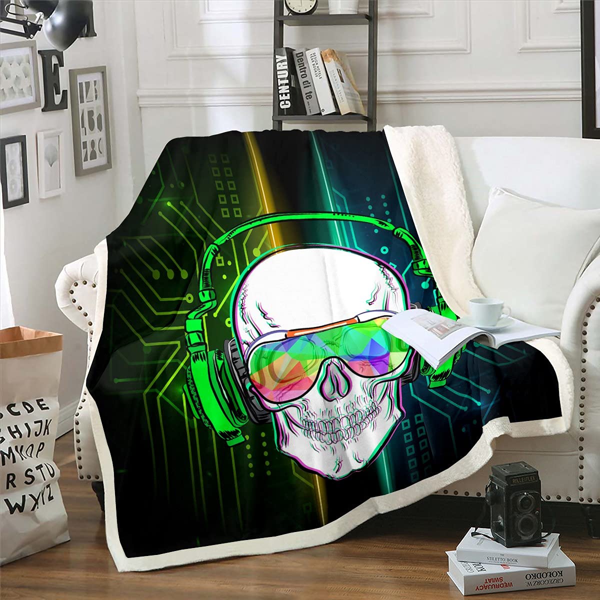 Loussiesd Skull Fleece Throw Blanket With Green Music Headphones - Skeleton Plush Sherpa for Bed Sofa - Modern Halloween Fuzzy Throw for Kids, Girls, Boys, Adults - Single 50x60 Inch โ image 1