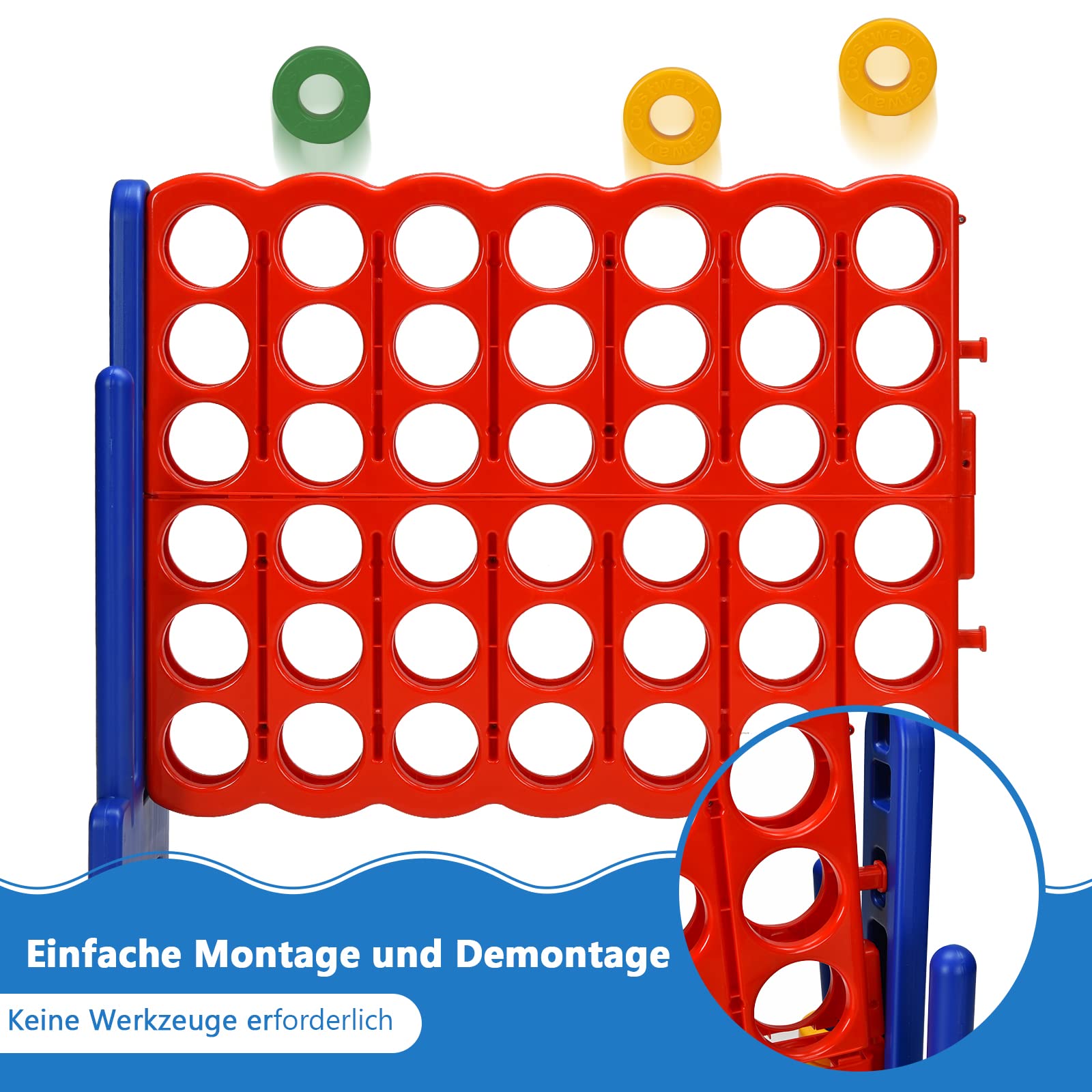 COSTWAY Riesiges 4 Gewinnt Spielset mit Basketballkorb und Wurfspiel, inkl. 42 Jumbo Ringen und Schieberegler zum schnellen Neustart, Vier in Einer Reihe Spiel groß (Rot + Blau)