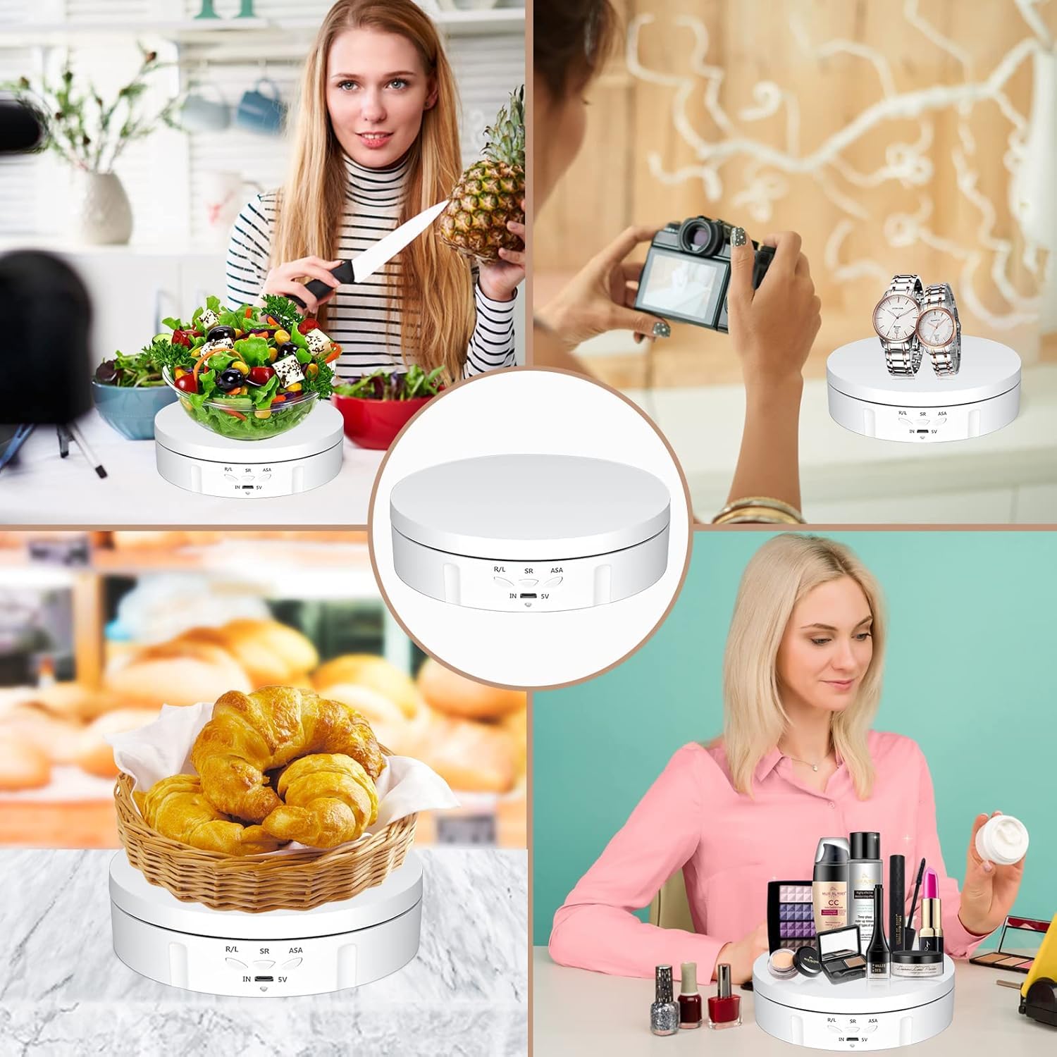 Plateau Tournant Electrique Rechargeable 10 KG 14,6 cm, 360° Rotatif Table Tournante Rotative électrique, 3 Vitesses et Angle Réglables avec 6 Fonds en PVC