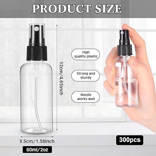 Miniatura 8 de Roshtia 100 mini botellas de plástico de 2 onzas con tapa negra, botellas vacías transparentes de niebla fina, contenedor de líquido recargable para