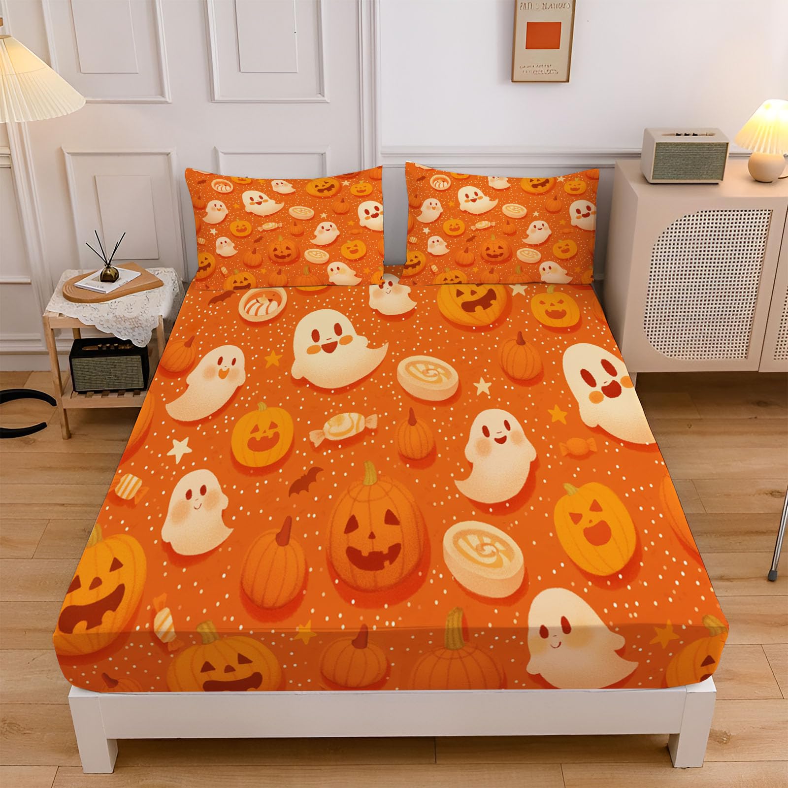 Drap housse Halloween orange ajustable pour un lit d'enfant sans plis