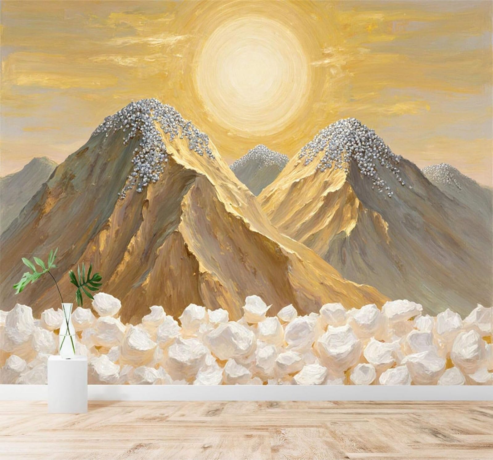 XLMING Golden Mountains Sunshine Snow Capped Mountains Landscape 3D Wallpaper Silky Texture Home Study Office Grey Dining Room Sofa Bedroom Living Room TV Backdrop-400cm×280cm