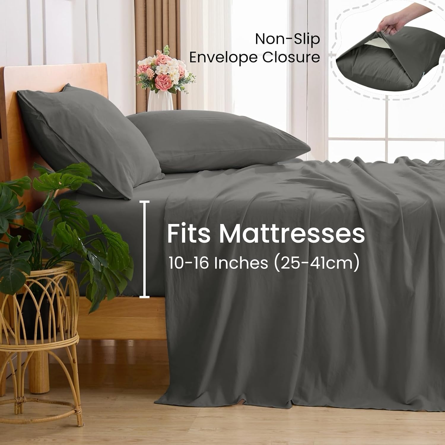 GOKOTTA 4-Pcs King Size Sheets Set, 10-16" Deep Pocket, Non-Slip Elastic Corner Straps, Washed & Brushed Microfiber Polyester - Hotel Luxury, Ultra Soft, Breathable, Wrinkle-Free, Anti-Rip - Dark Grey