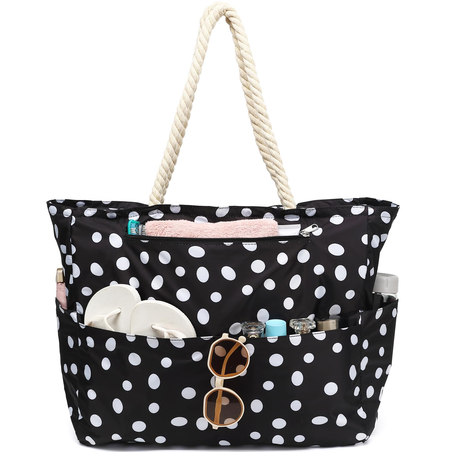 Fammart Large Canvas Beach Bag for Women, Beach Bags Waterproof Sandproof with Zipper & Wet Bag Cruise Essentials