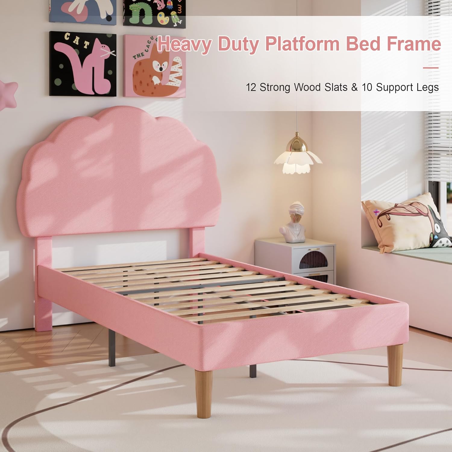 VECELO Twin Size Bed Frame, Upholstered Platform Bedframe with Height Adjustable Plush Fabric Headboard, Strong Wood Slat Supports, No Box Spring Needed, Pink