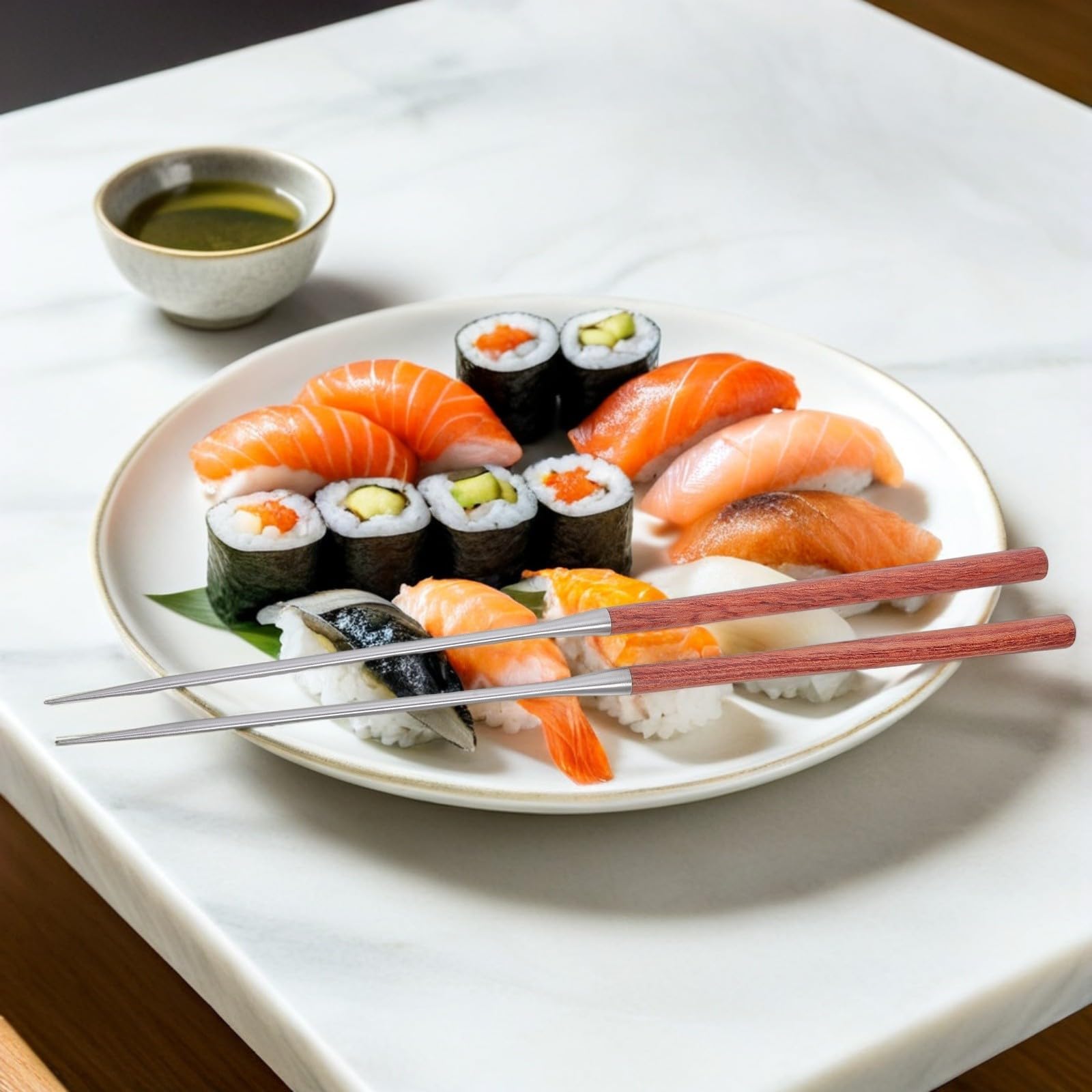 SOLUSTRE Bacchette per Sushi in Acciaio Inossidabile Manico in Legno Rinforzato e Punta Affilata, Antiscivolo, per Cucina e Ristorante, Stile Asiatico Semplice