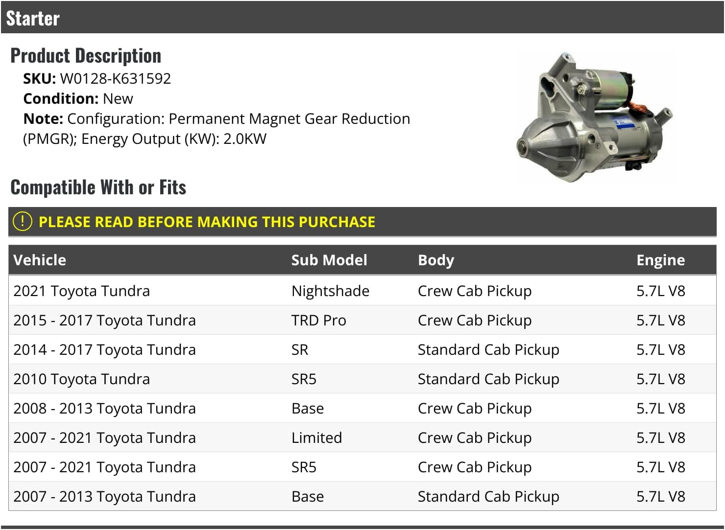 Starter - Compatible with 2007-2021 Toyota Tundra 5.7L V8