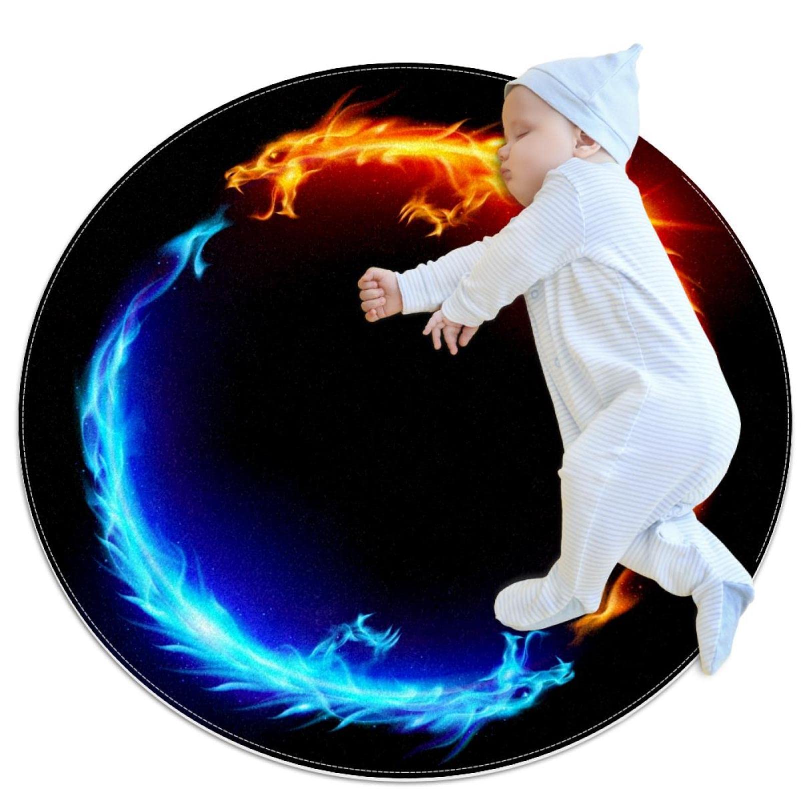 Tapis de salle de bain antidérapant sécurisé rond 1 m motif dragon feu