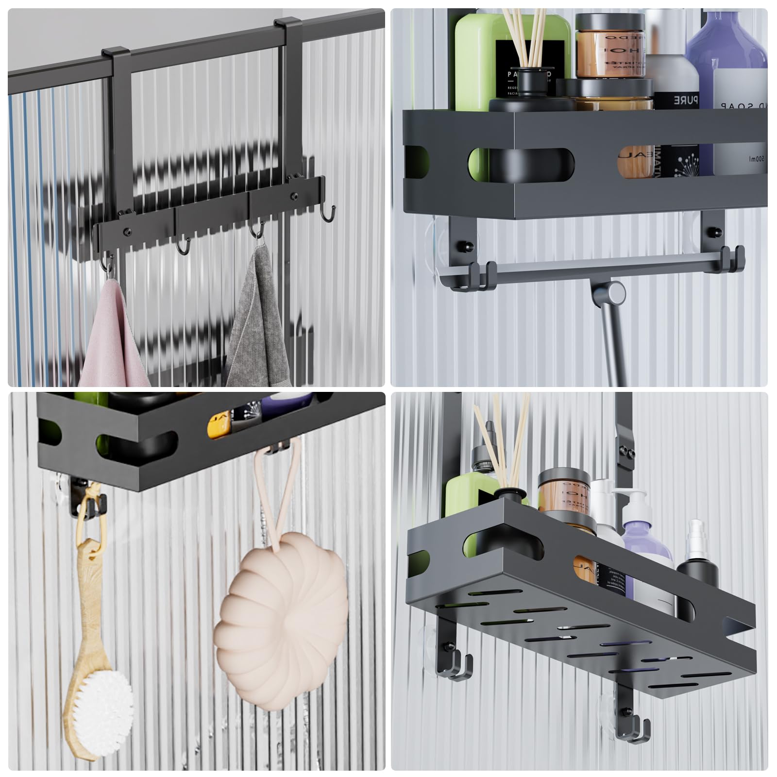 YEAUPE PRO Doucheplank Om Op Te Hangen, 3 Delig, Zonder Boren, Met 2 Zuignappen 6 Haken En Ovale Gaten Ijzeren Badkamerorganizer 78 Cm Belastbaar Tot 18 Kg 2887761392