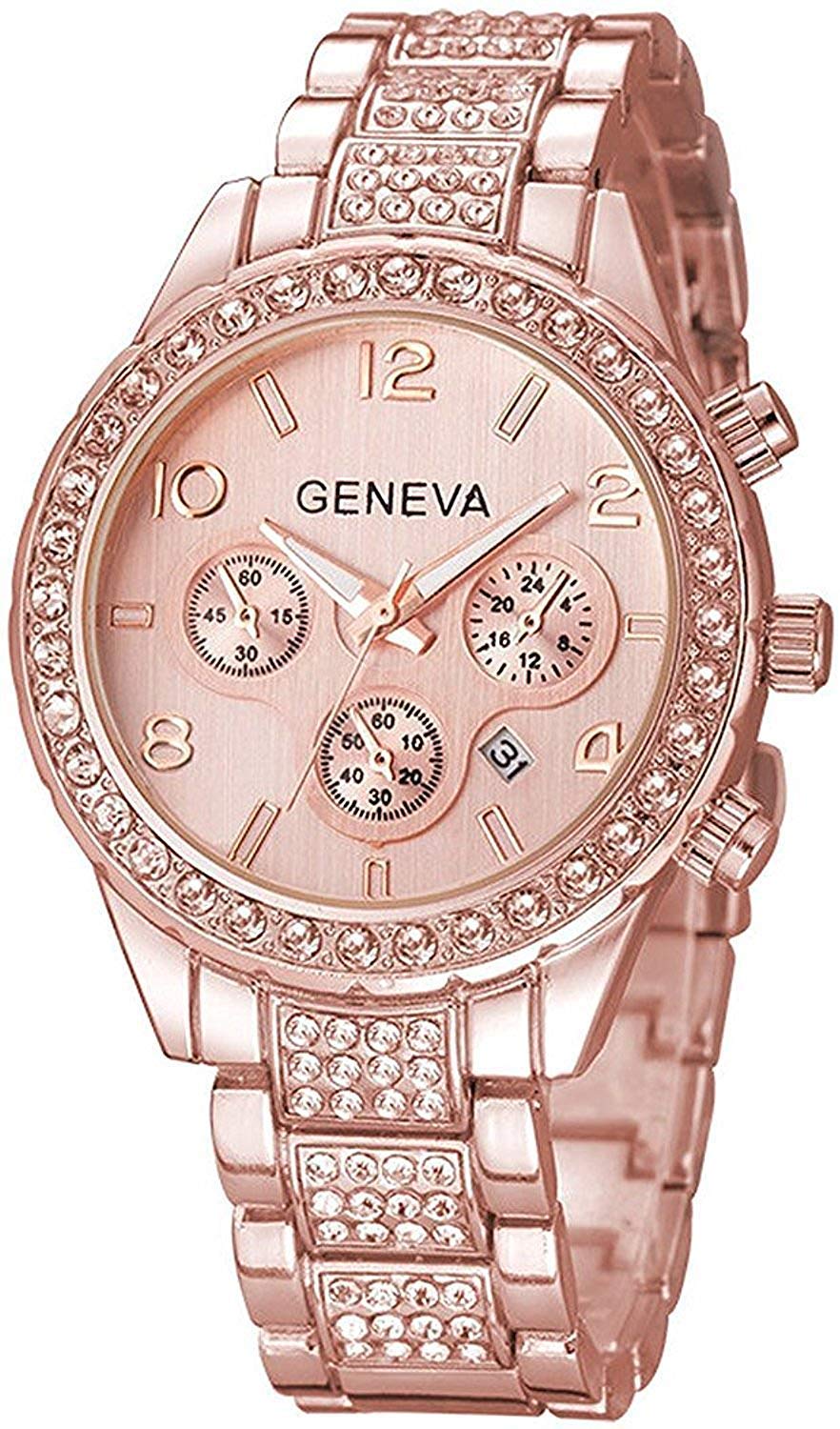 MASTOP Unisex Luxury Crystal Diamond Watches Silver Gold Fashion Quartz Analog Watch Stainless Steel Band Quartz Bracelet Big Face Women's Men's Watches (T Rose Gold)