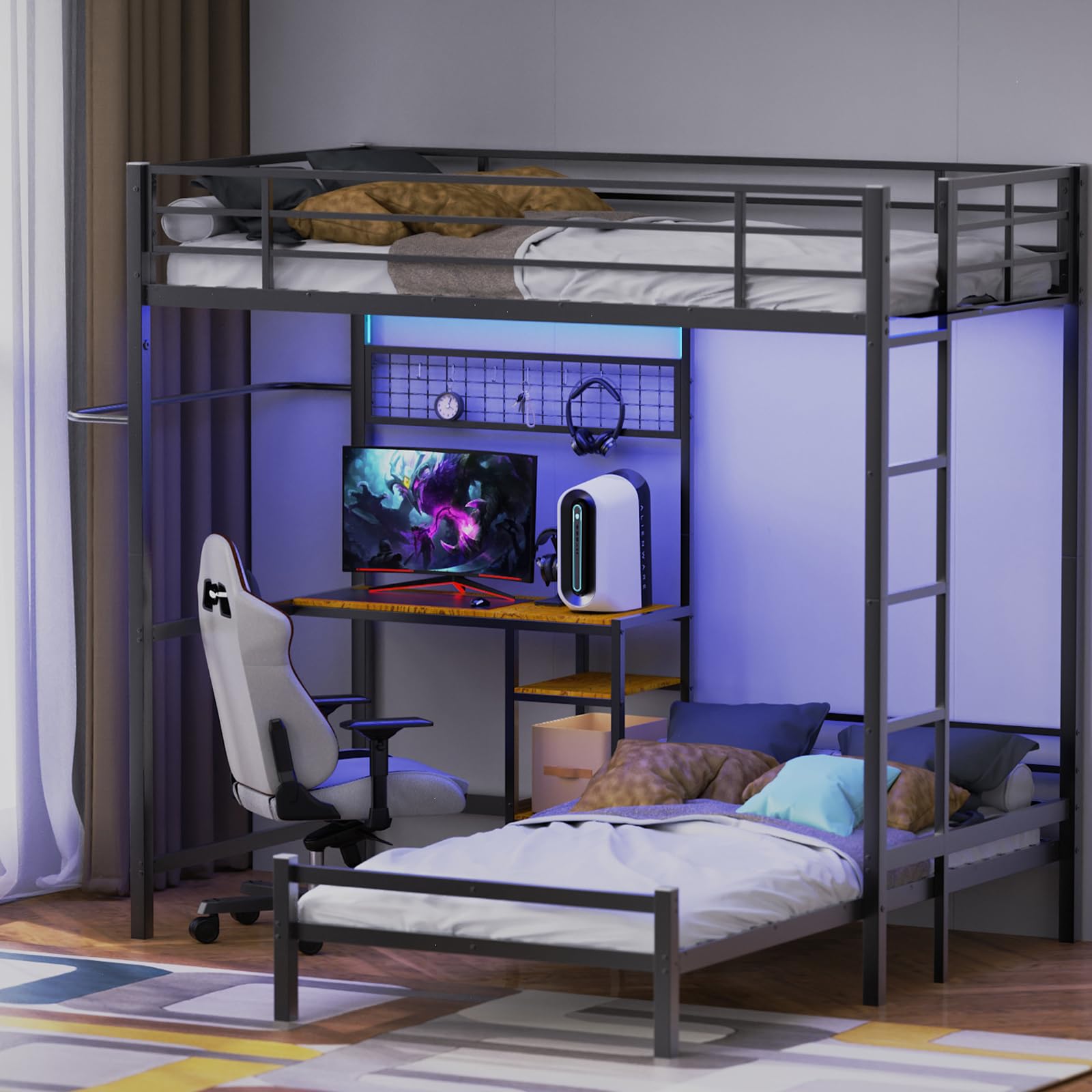 twin size metal bunk bed with l-shaped study desk, storage drawers & shelf, built-in power outlet, rgb led lights, space-saving loft bed frame for teens, black