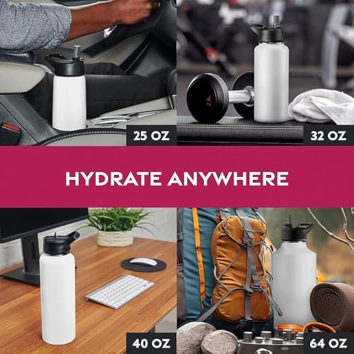 Miniatura 8 de Botellas de agua de acero inoxidable con triple aislamiento con pajilla, botellas de agua reutilizables aisladas de 25 onzas con 3 tapas, botella de