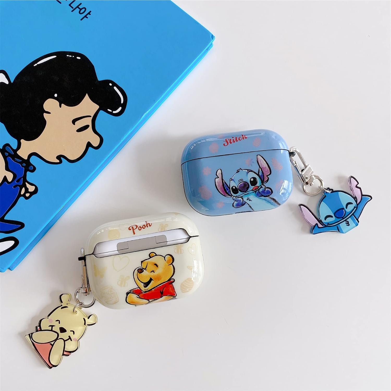 Soft TPU Blue Stitch Case with Charm and Keychain for Apple AirPods Pro AirPodsPro 2019 Model Funny Face Cute Lovely Adorable Kawaii Girls Kids Women