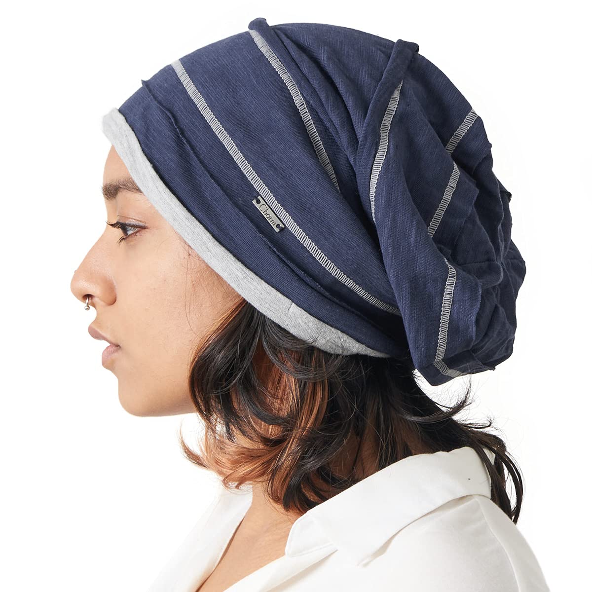 Charm Men's Navy Slouchy Cotton Summer Beanie Hat - Soft Lightweight Knit Wo Baggy Slouch