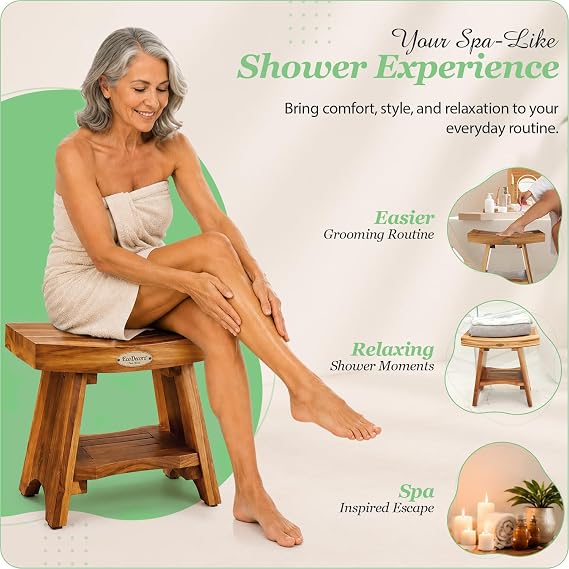 EcoDecors 18 Teak Shower Bench with Shelf, Solid Teak Wood Shower Stool
