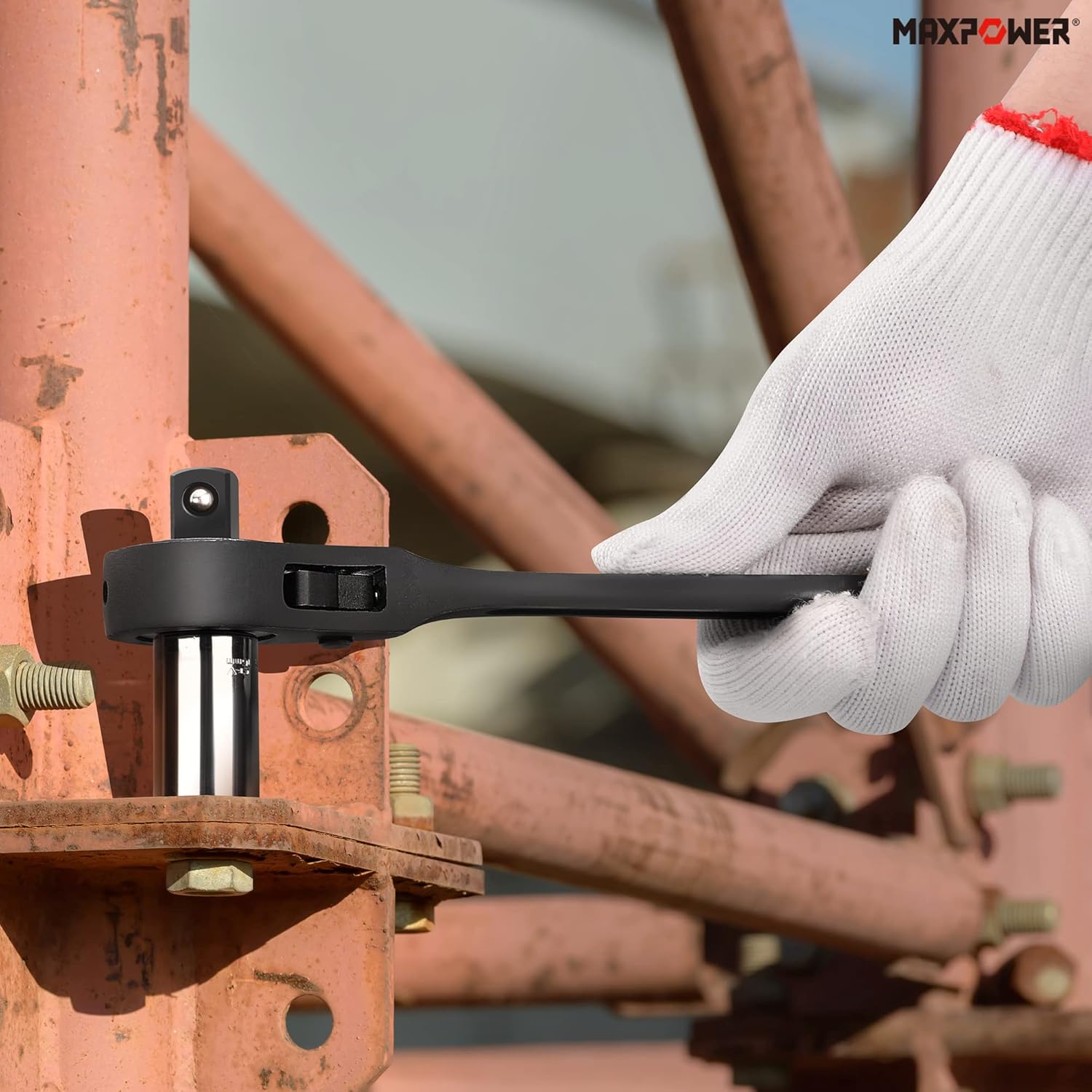 MAXPOWER 2PCS Dual Drive Head Ratchet Wrench, 1/2" x 3/4" Spud Ratchet 16 inch, 3/8" x 1/2" Scaffold Wrench 12 inch