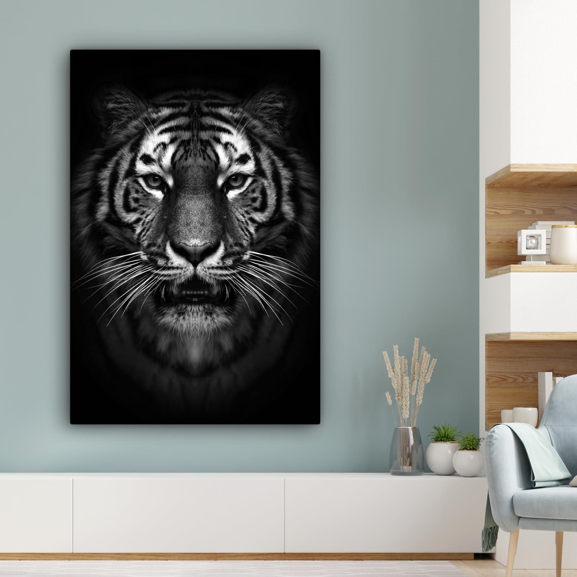 MuchoWow© Quadro su Tela Stampe da Parete Quadri Cucina Camera da Letto | 80x120 cm - Dipinto Arredamento Casa Tigre - Animali - Nero - Bianco - Ritratto - Animali selvatici