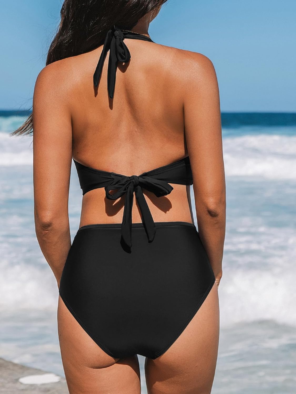 CUPSHE Women's Bikini Sets Halter V Neck Tie Back Bathing Suit Mesh Panel High Waisted Bottom - Image 2