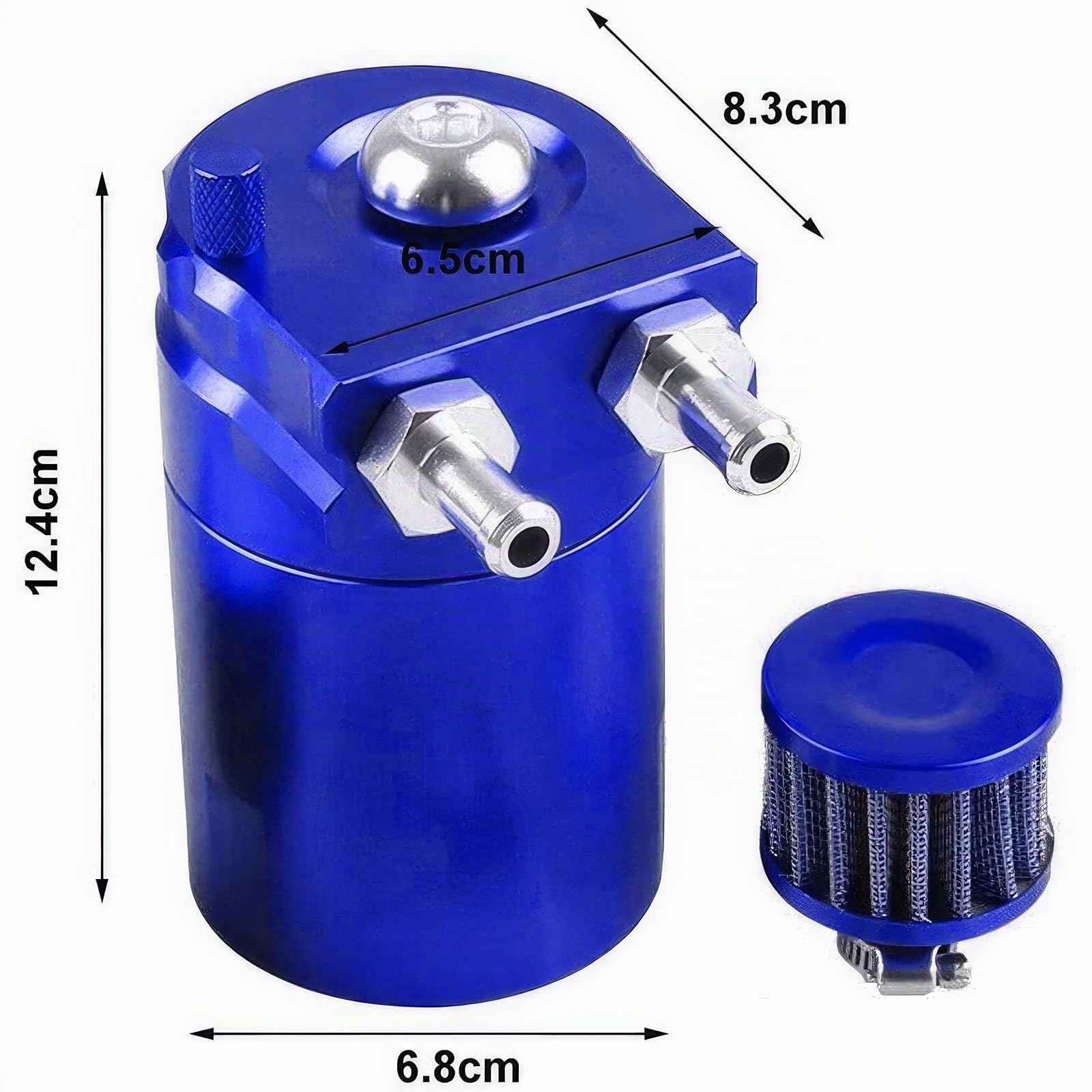 Oil Catch Can Auto, 300ml Réservoir pour Véhicule en Aluminium, Universel Bidon d'Huile Voiture avec Filtre à Air, 2 Ports, Tuyau et kit d'Accessoires(Blue)