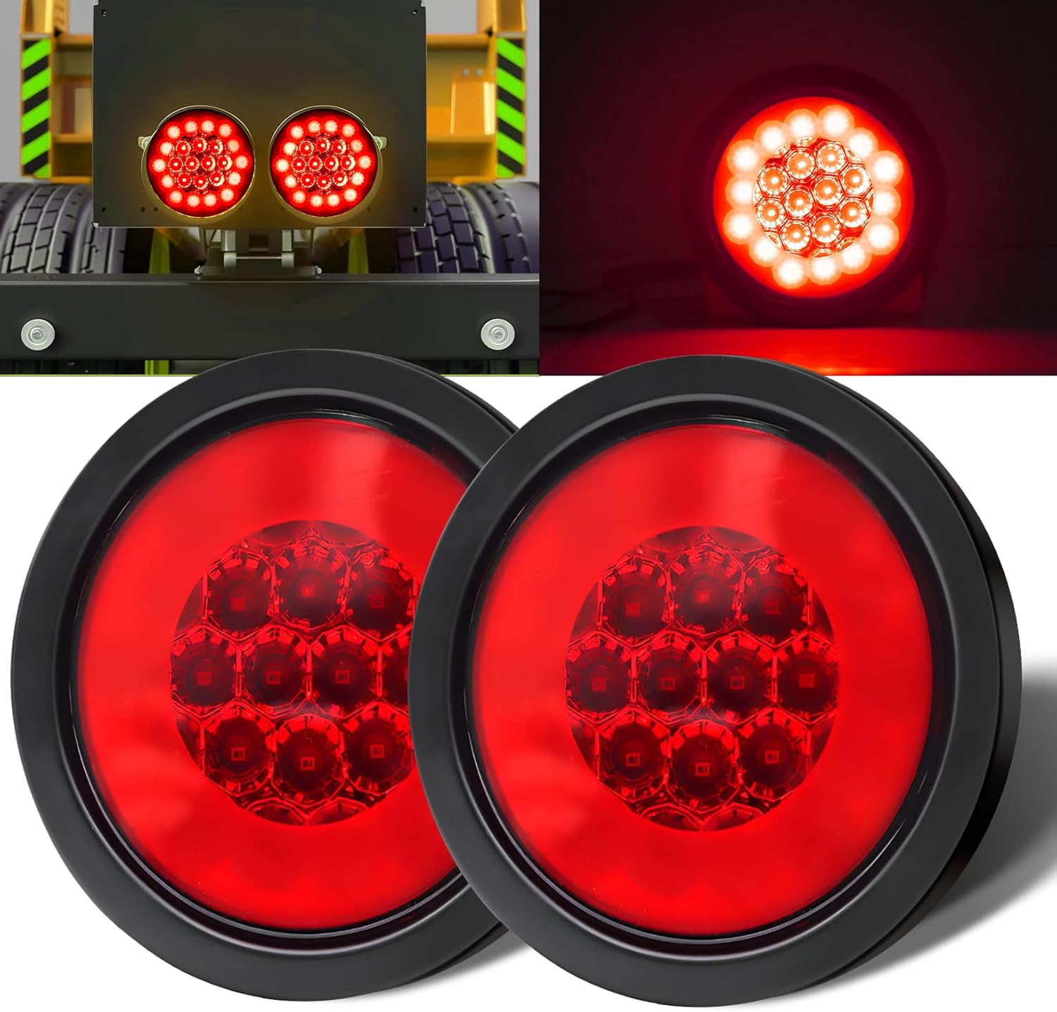 Ourbest 4 Inch Round Led Trailer Tail Lights Kit, 24led Trailer Lights 12V 24V Brake Indicator Running Lamp/Turn Signal Stop Lights/Back-up Reverse Lights Red 2Pcs