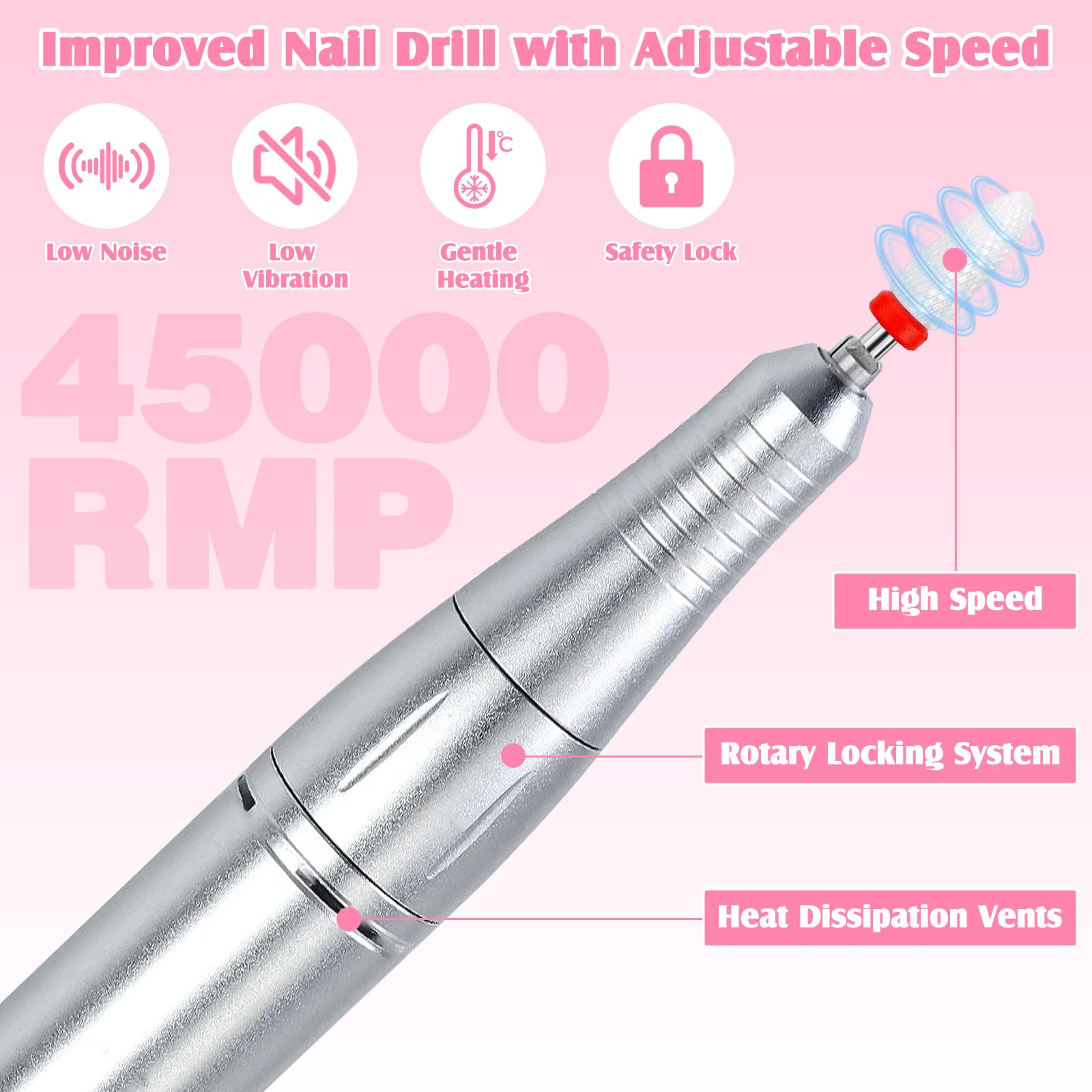 Ponceuse Pour Ongles Professionnel-45000 Rpm, 12 En 1 Ponceuse Ongle,Rechargeable,Lime a Ongle Electrique Portable,Avec Lcd écran Et Vitesse Réglable,Pour Gel Et Ongles En Acrylique,Salon