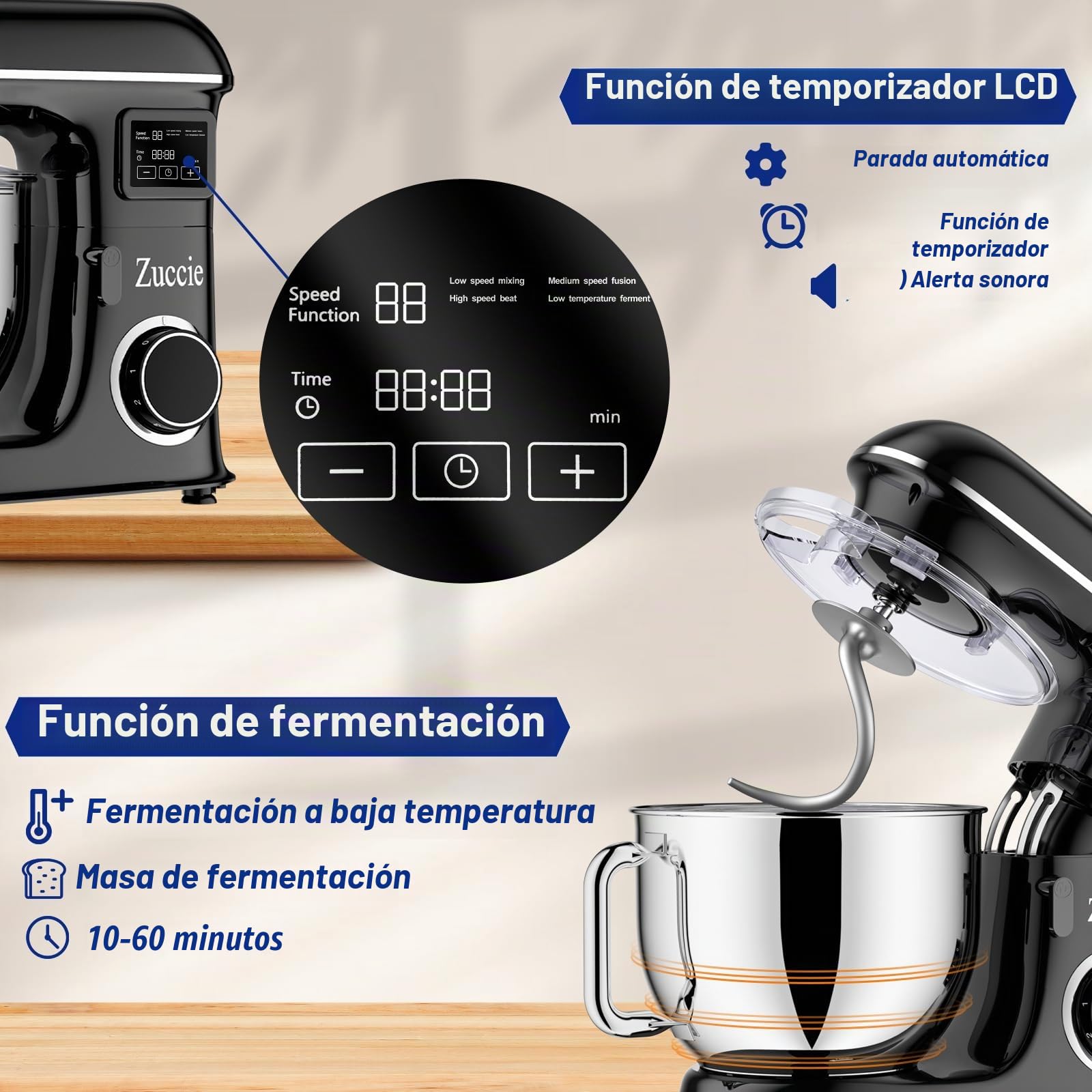 Batidora Amasadora 1500W 8L Amasadora Reposteria 6 Velocidades Robot de Cocina Pantalla LCD & función de fermentación con Amasador, Batidor, Varillas y Protección para Salpicaduras (negro)