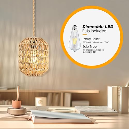 Miniatura 2 de Lámpara colgante enchufable, cable de cuerda de cáñamo de 15 pies, luces colgantes con cable de enchufe, lámpara colgante de ratán regulable,