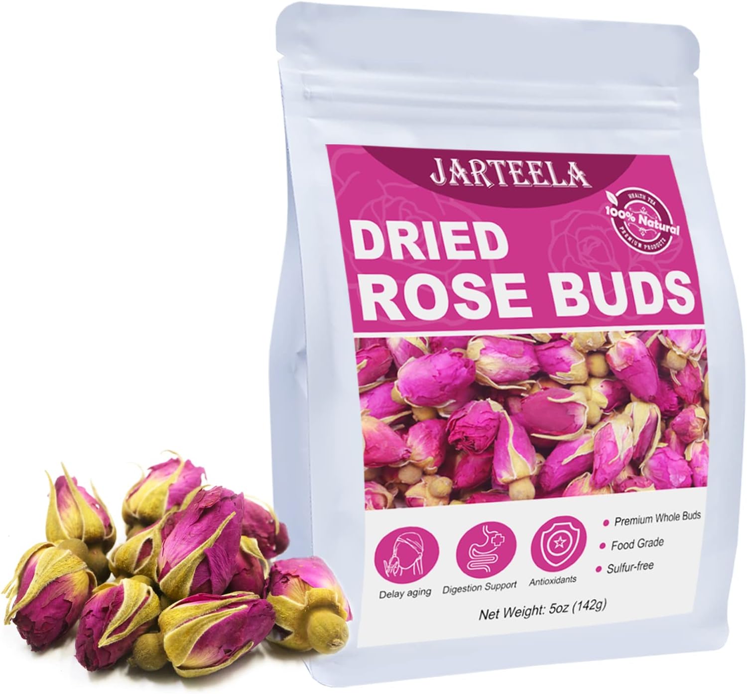 Jarteela - Premium Dried Rose Buds - 5oz/142g - Natural Food-grade Red Rosebud Flowers Bulk - Non-GMO - Caffeine-free - Perfect For Tea, Baking, DIY Candle/Soap